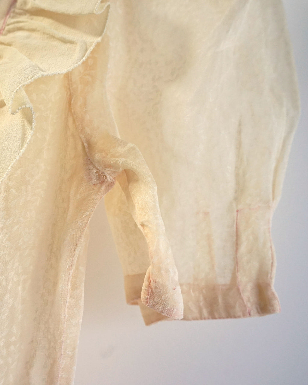 1950s Sheer Micro Print Floral Maxi with Ruffles