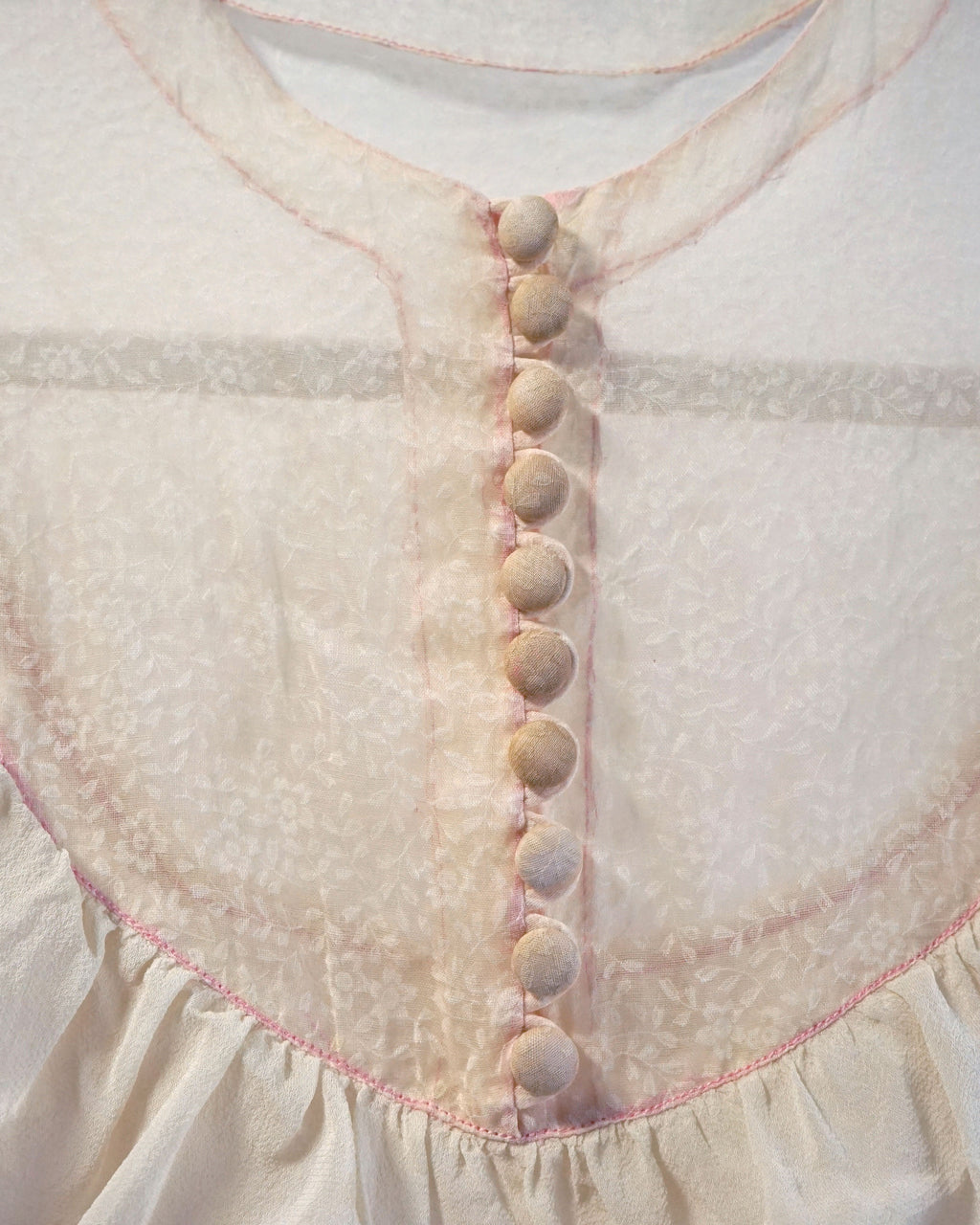 1950s Sheer Micro Print Floral Maxi with Ruffles