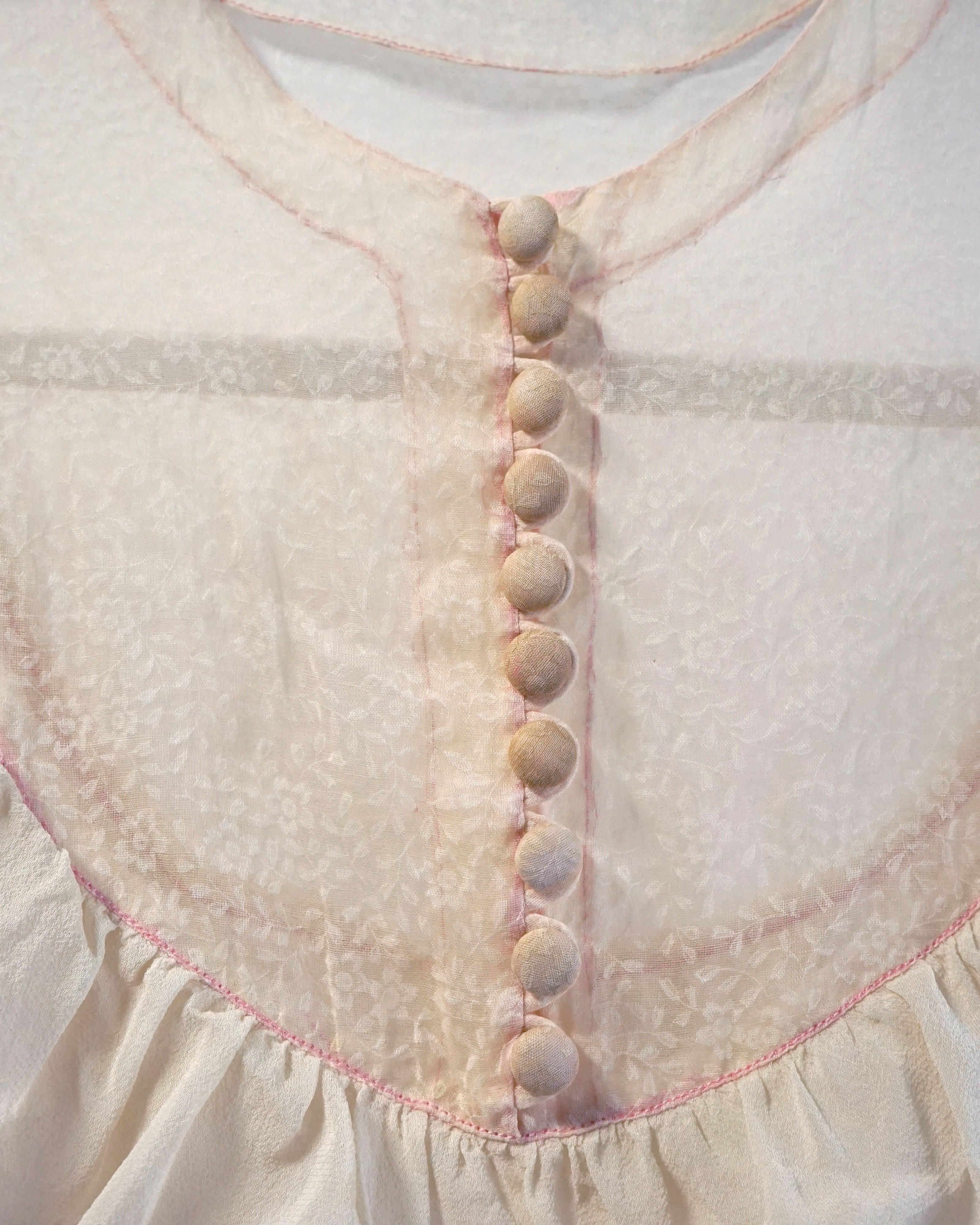 1950s Sheer Micro Print Floral Maxi with Ruffles