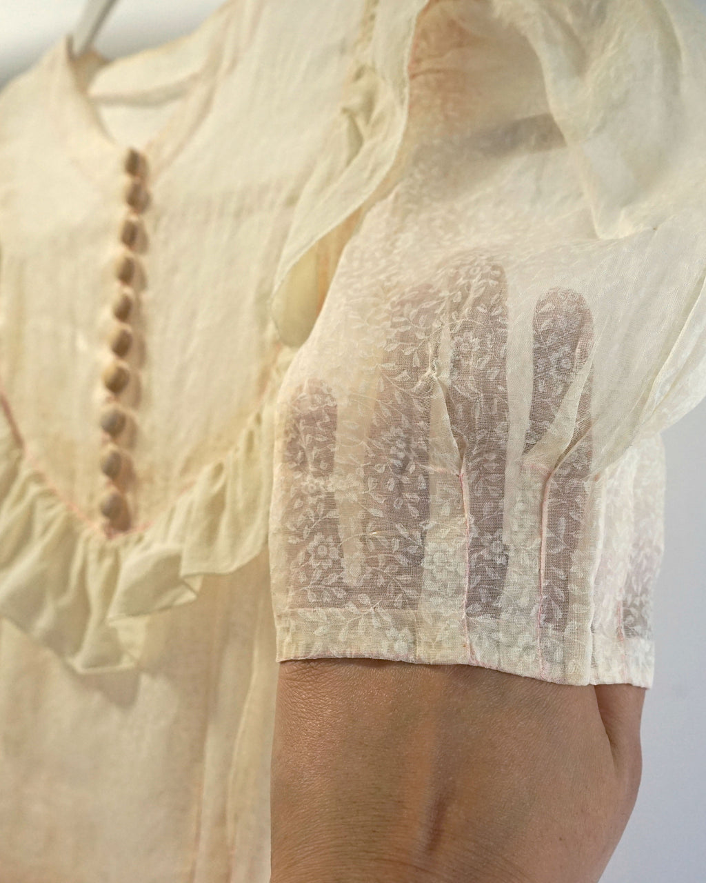 1950s Sheer Micro Print Floral Maxi with Ruffles