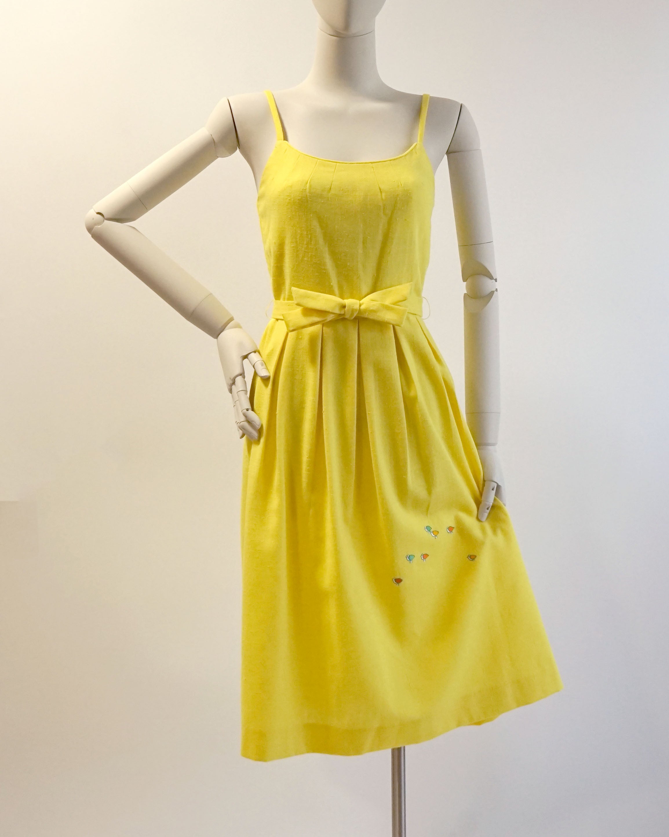 60s Malia Bold Yellow Embroidered Birds Spaghetti Strap Dress