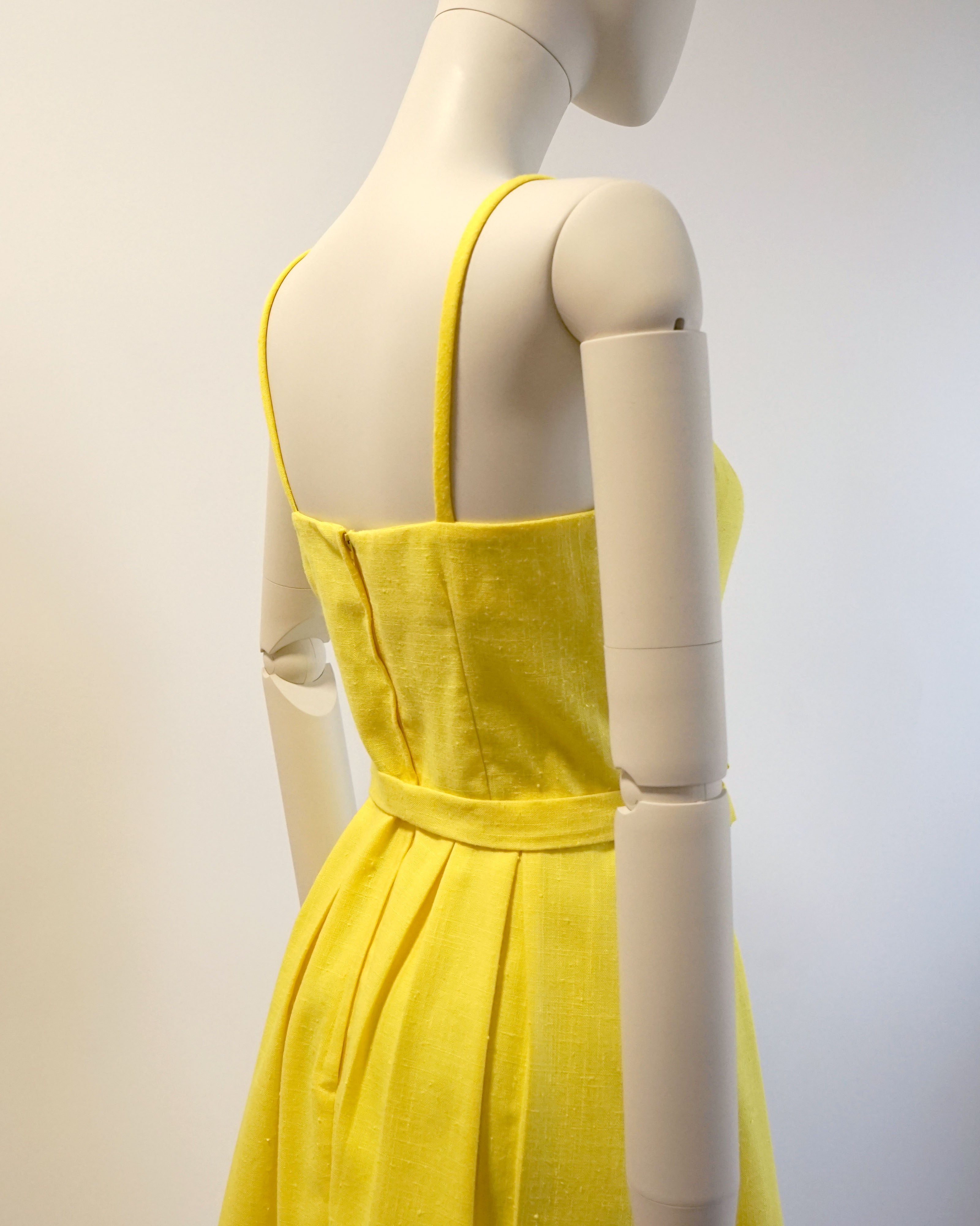 60s Malia Bold Yellow Embroidered Birds Spaghetti Strap Dress