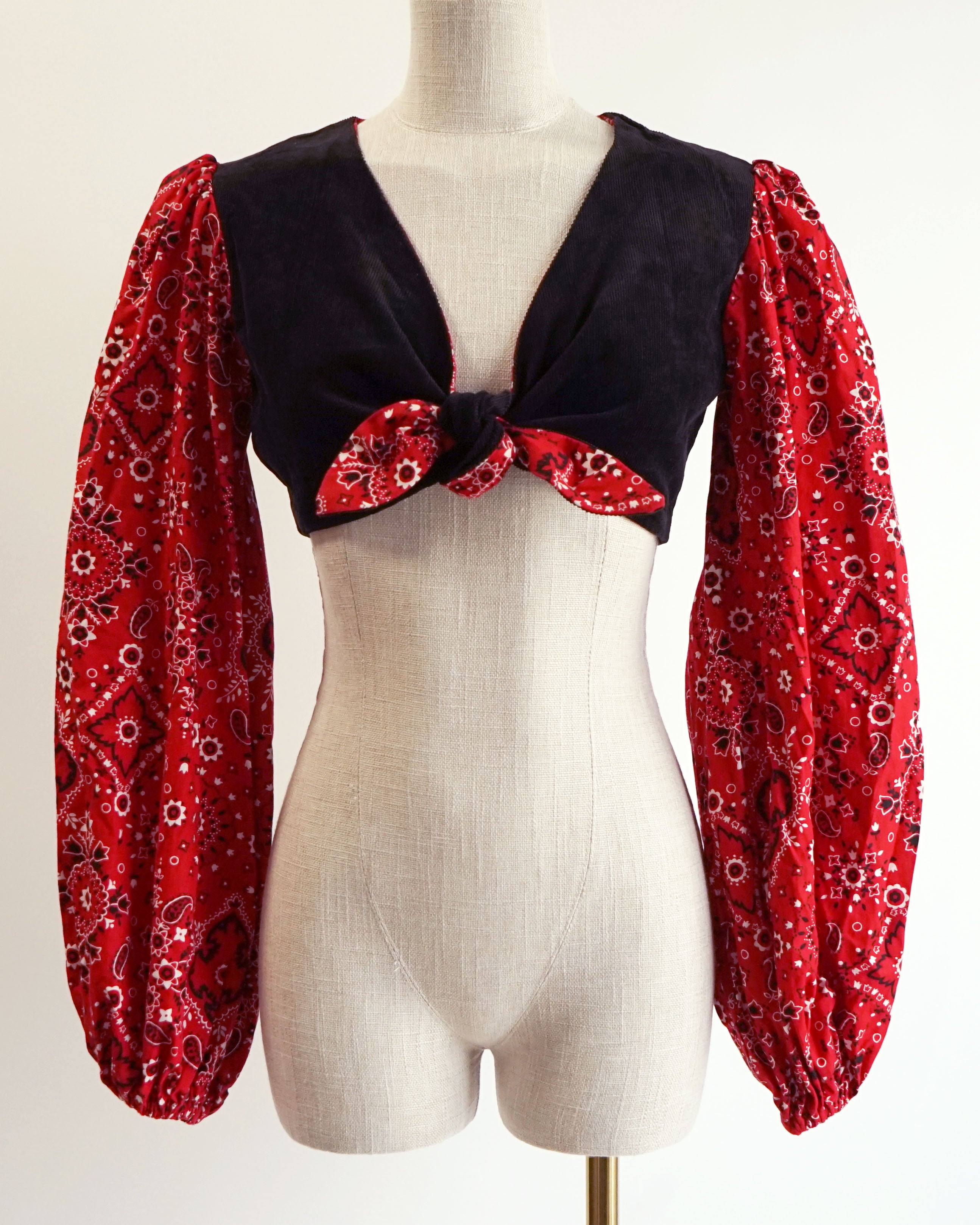70s Red Bandana & Black Corduroy Twist Front Crop Top