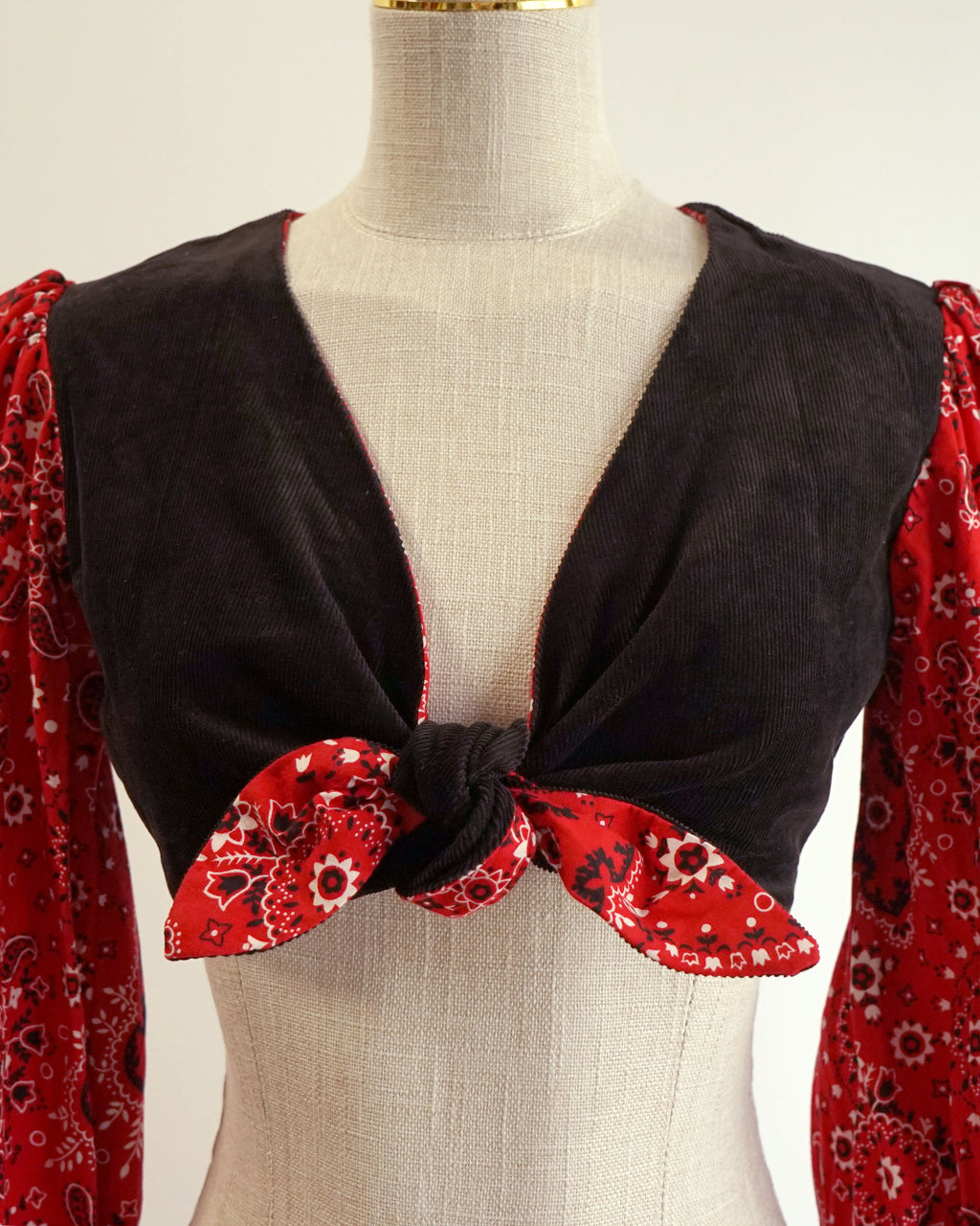 70s Red Bandana & Black Corduroy Twist Front Crop Top