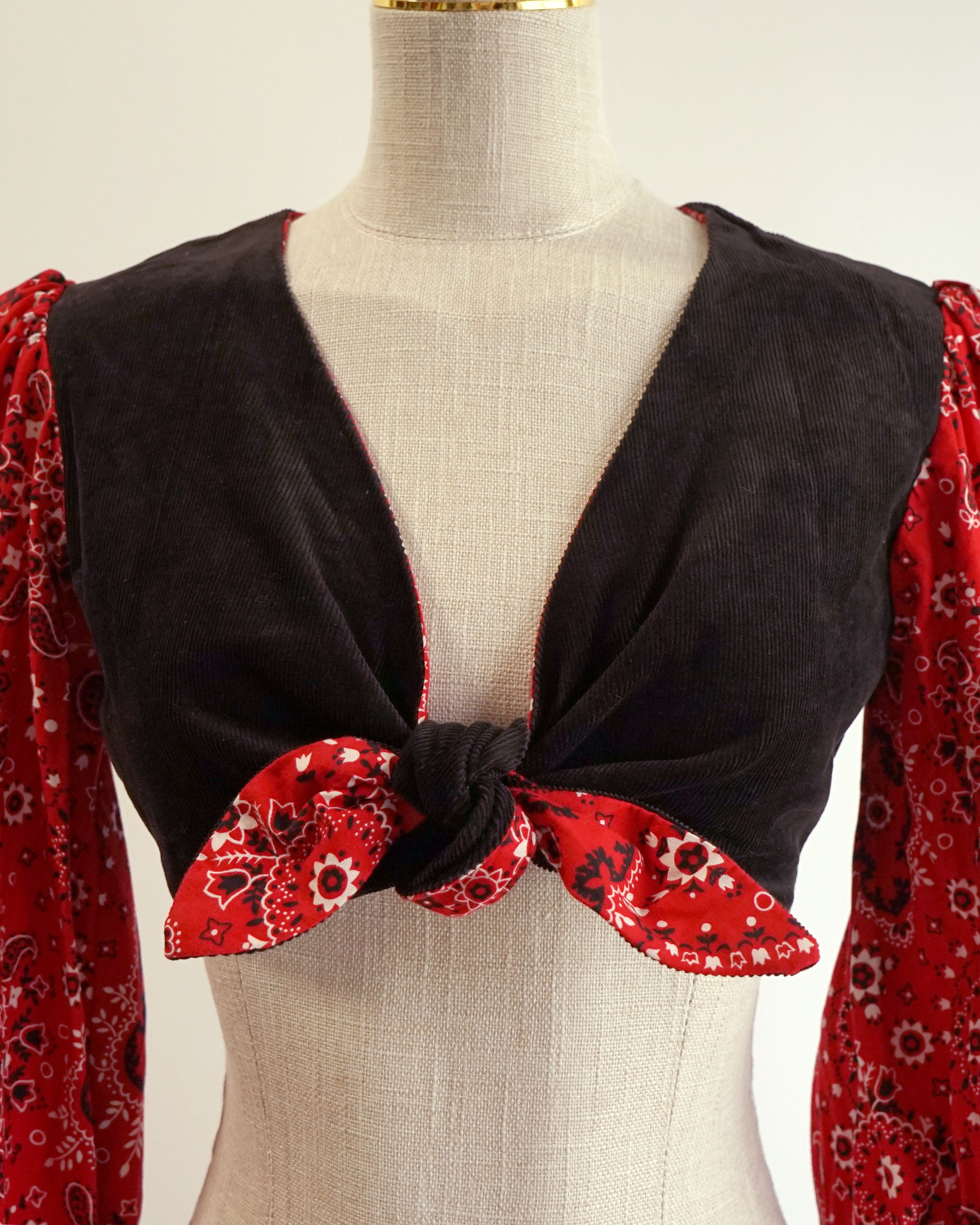 70s Red Bandana & Black Corduroy Twist Front Crop Top