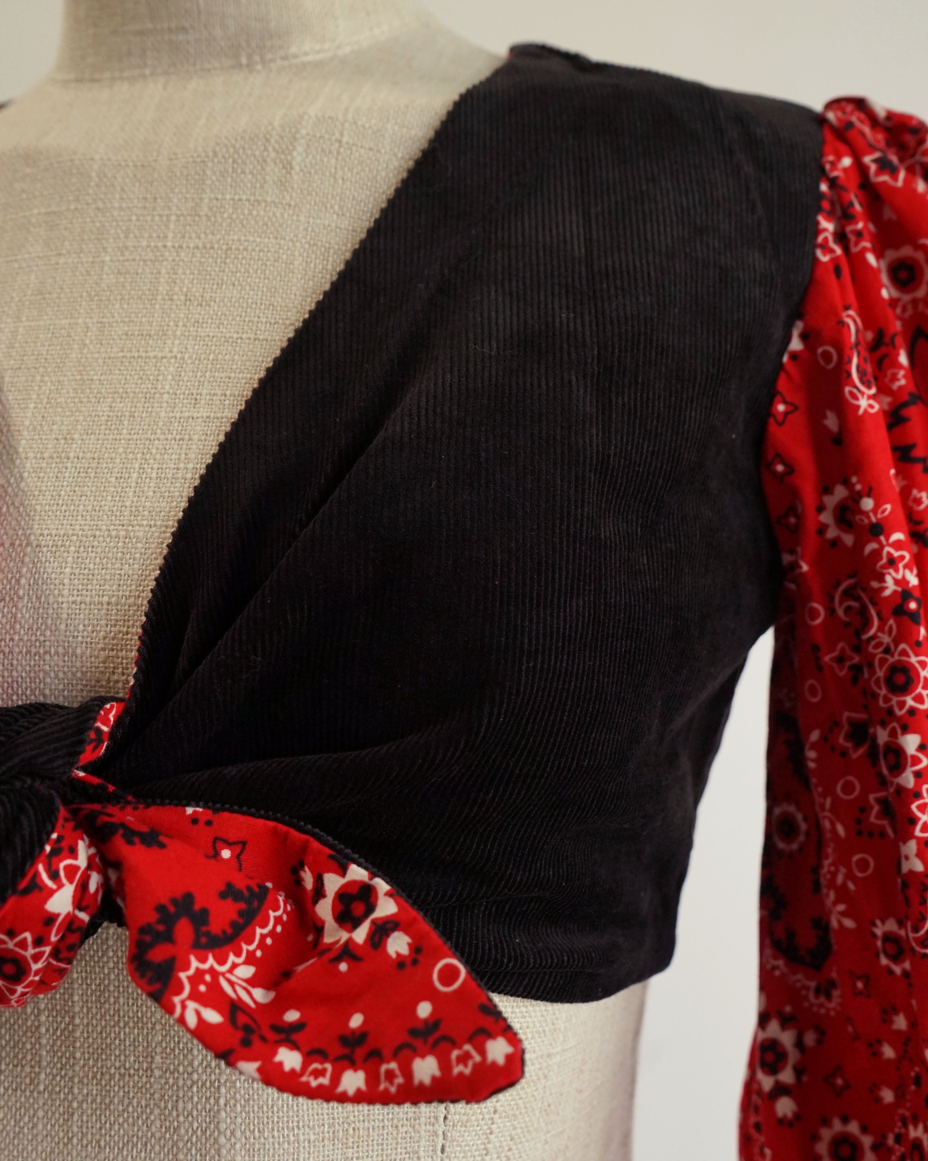 70s Red Bandana & Black Corduroy Twist Front Crop Top