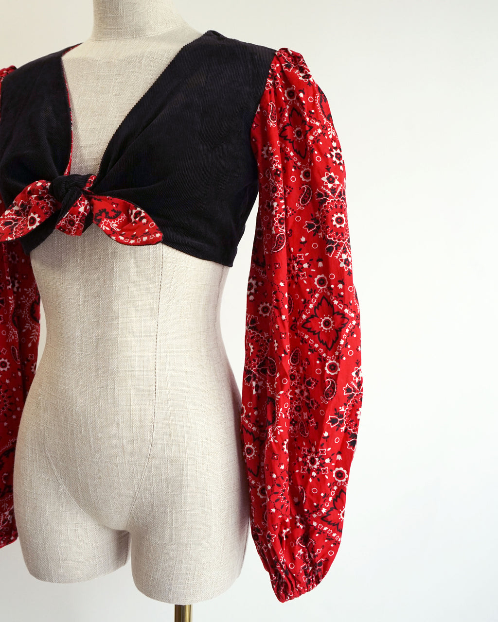 70s Red Bandana & Black Corduroy Twist Front Crop Top