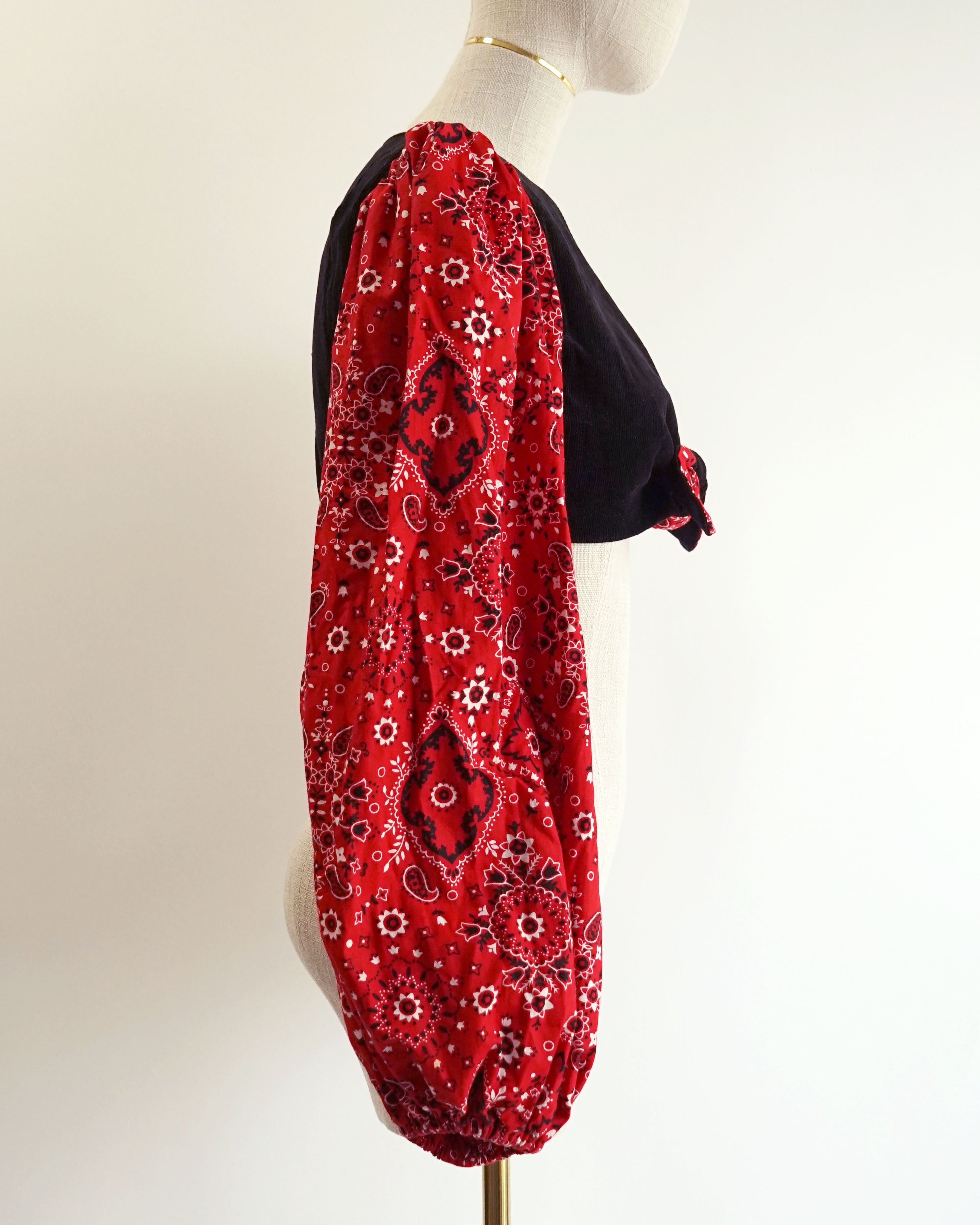 70s Red Bandana & Black Corduroy Twist Front Crop Top