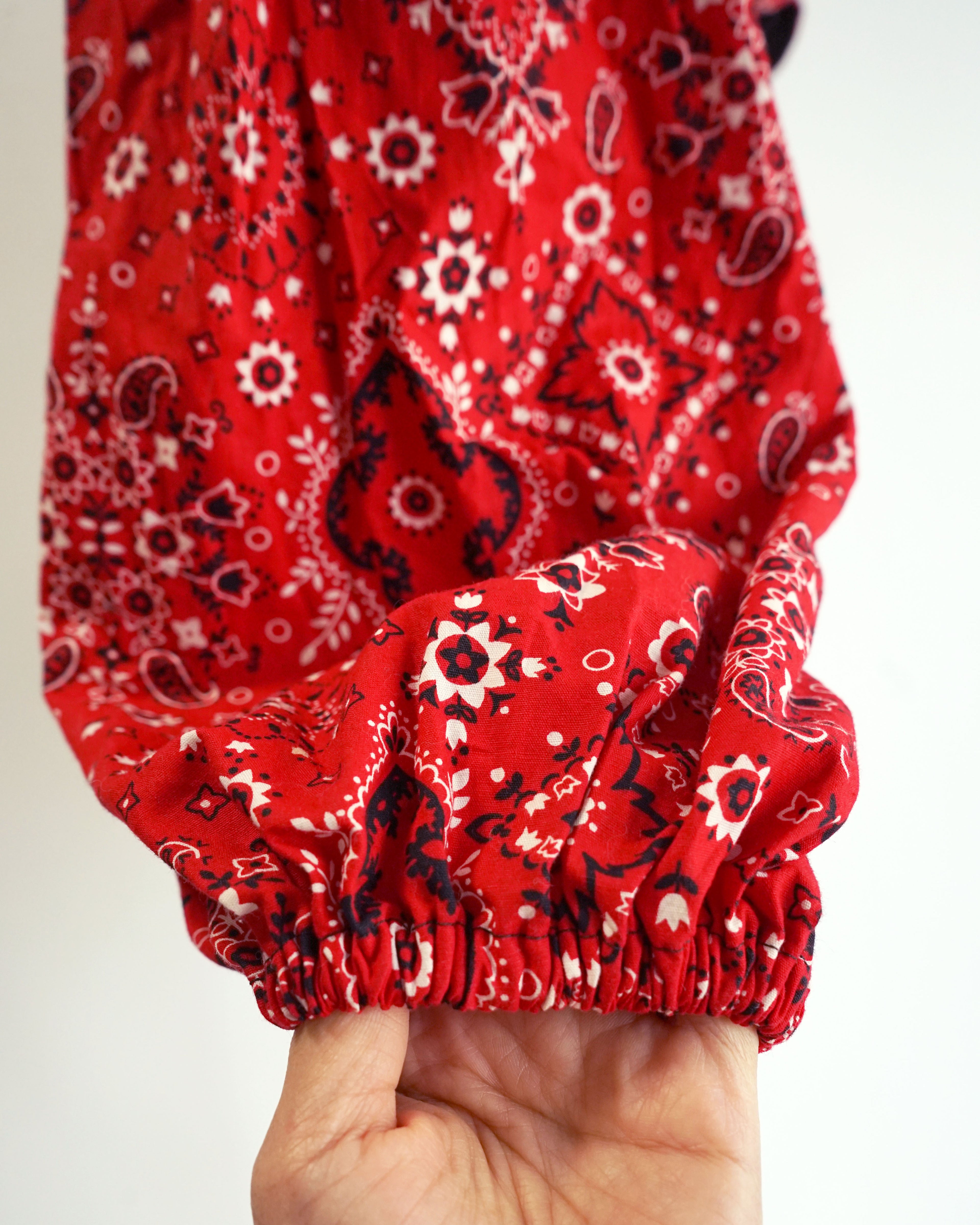 70s Red Bandana & Black Corduroy Twist Front Crop Top