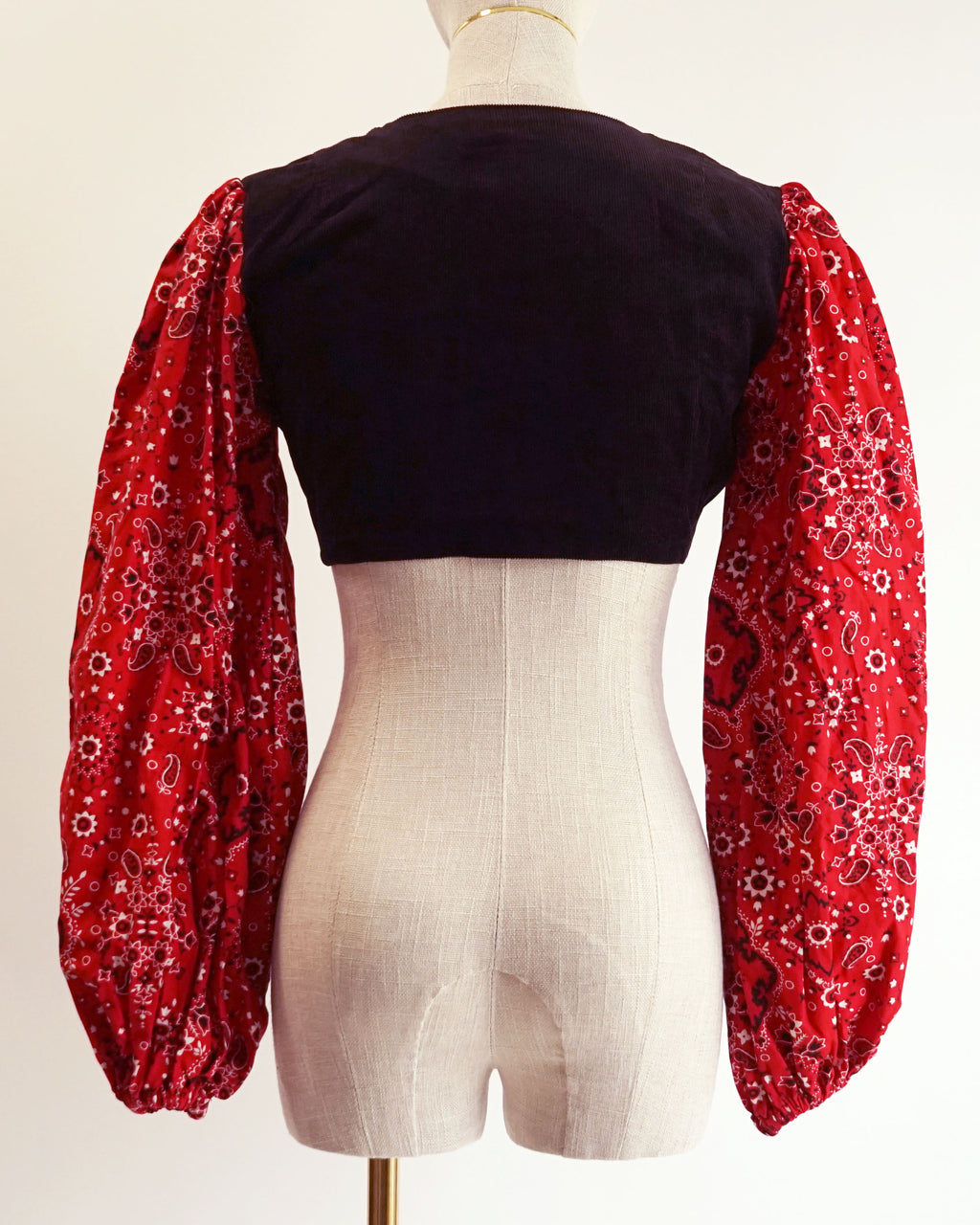 70s Red Bandana & Black Corduroy Twist Front Crop Top