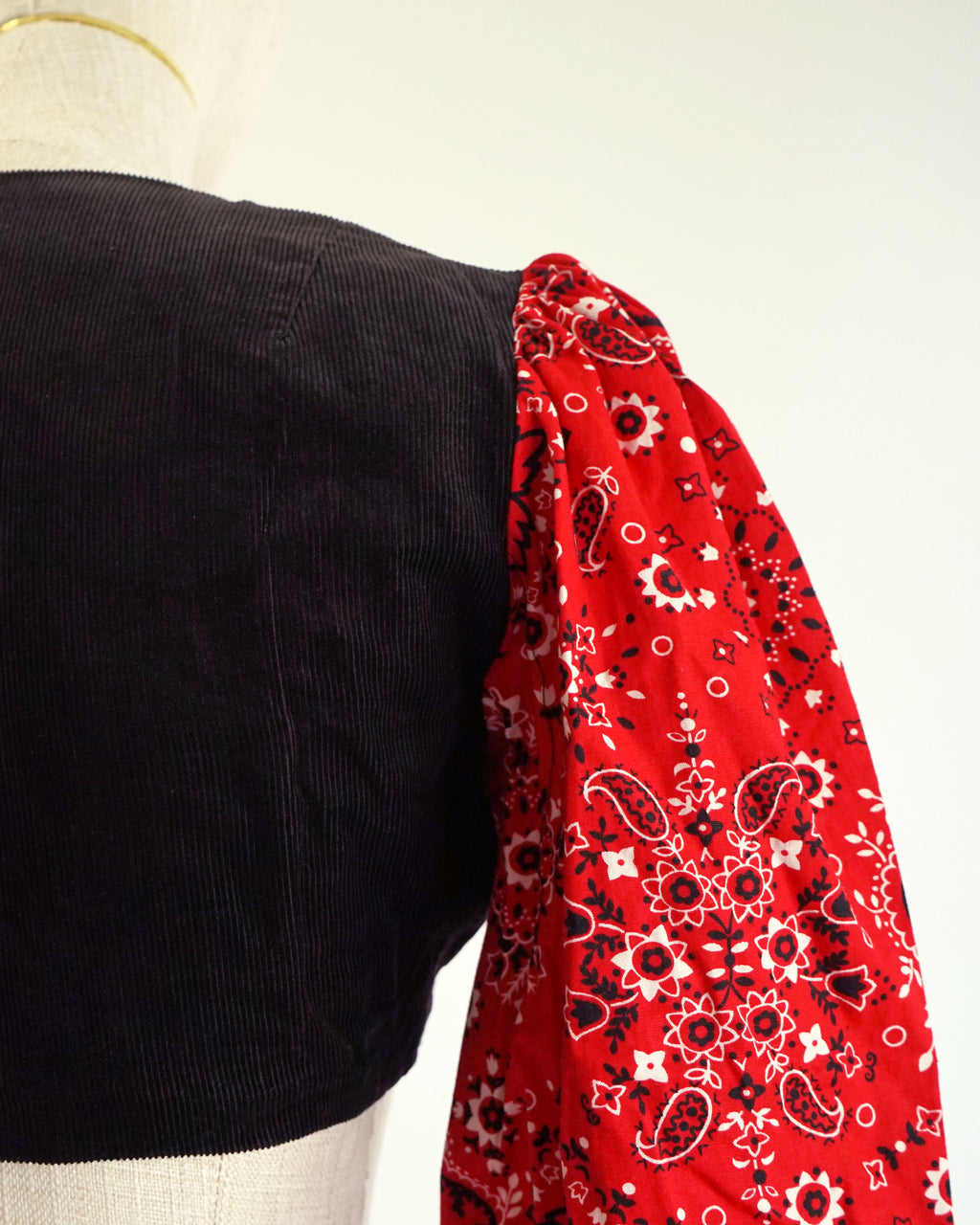 70s Red Bandana & Black Corduroy Twist Front Crop Top