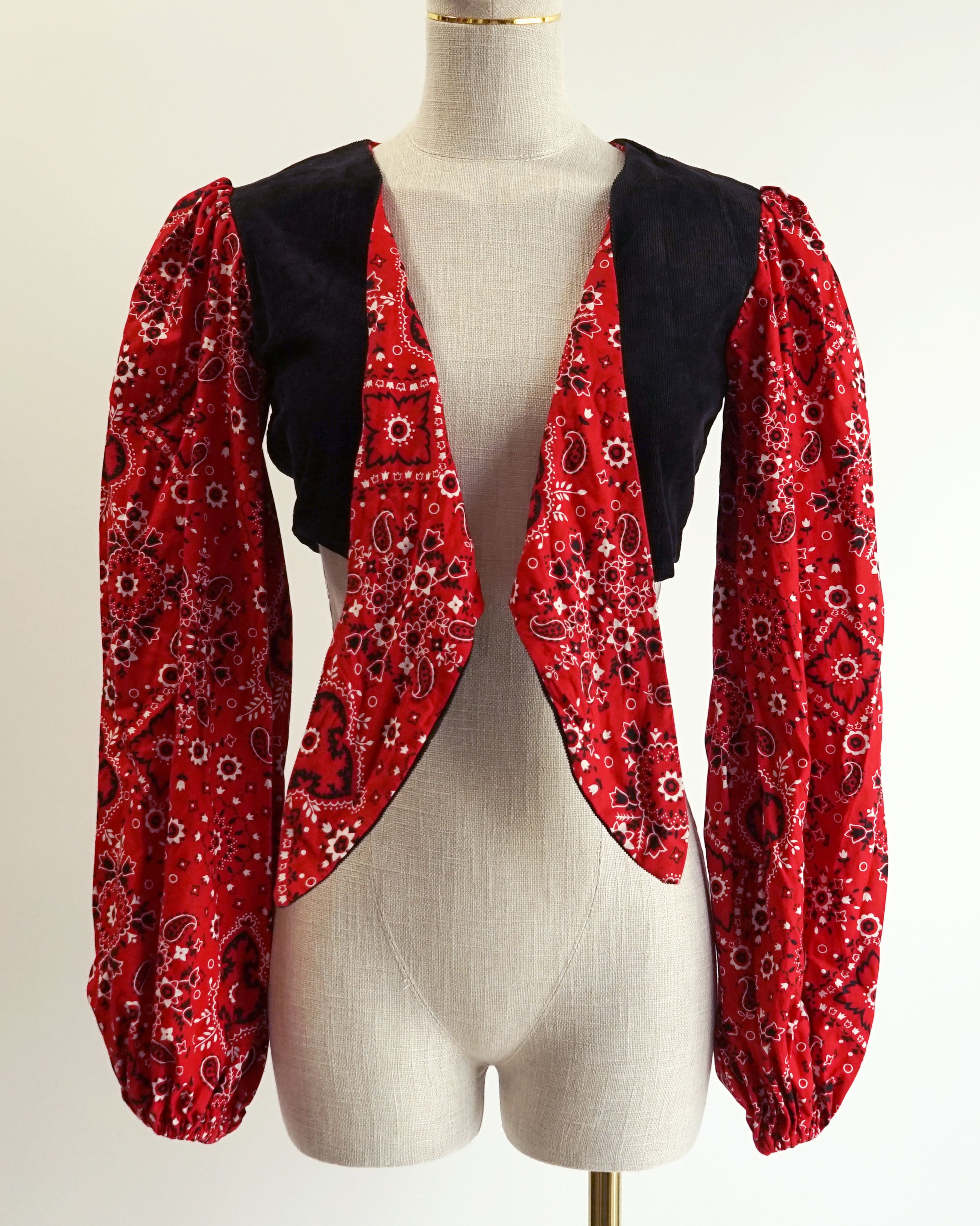 70s Red Bandana & Black Corduroy Twist Front Crop Top