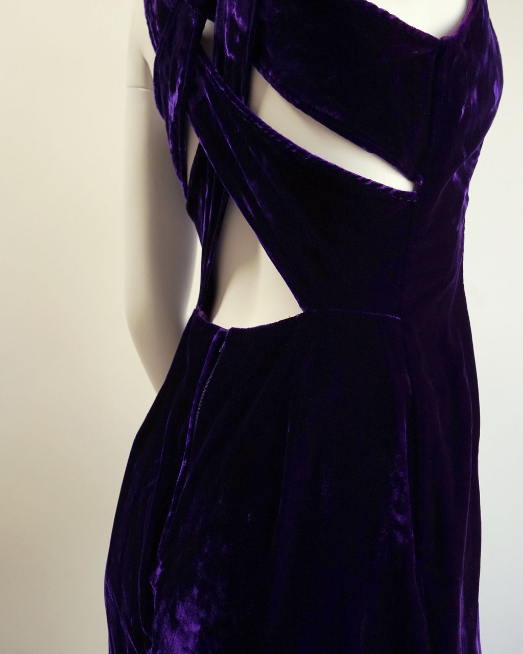 90s Royal Violet Velvet Criss Cross Back Cocktail Dress