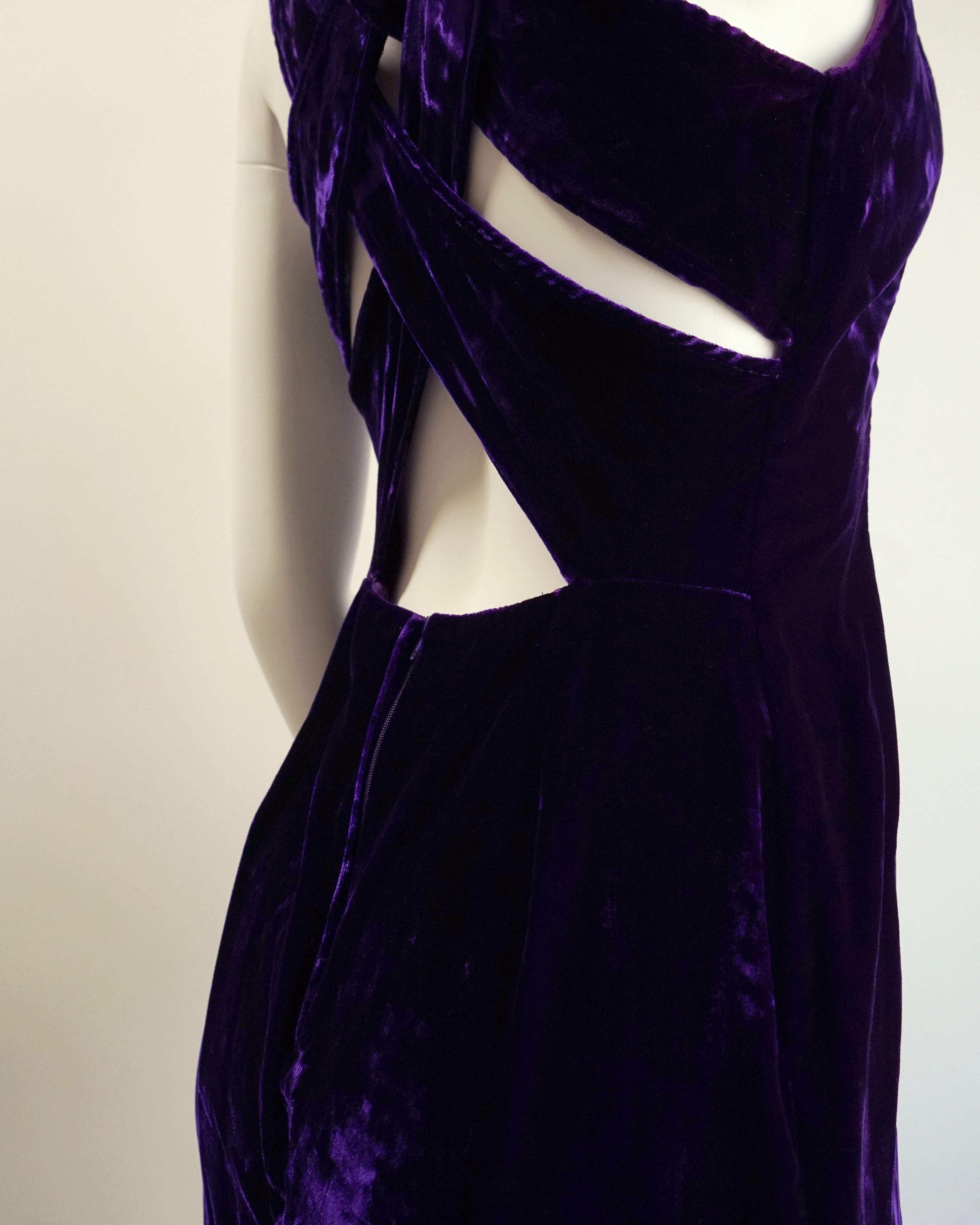 90s Royal Violet Velvet Criss Cross Back Cocktail Dress