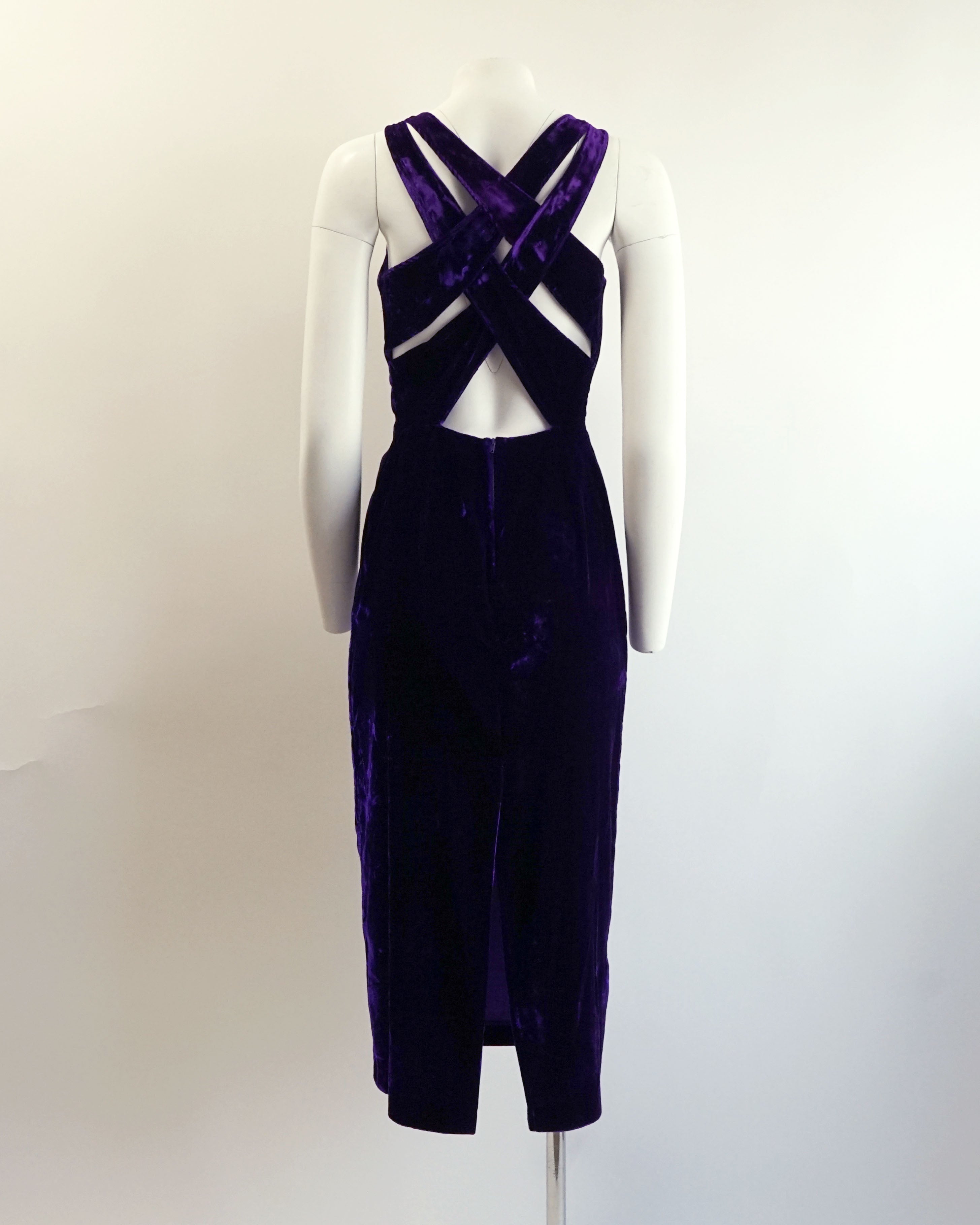 90s Royal Violet Velvet Criss Cross Back Cocktail Dress