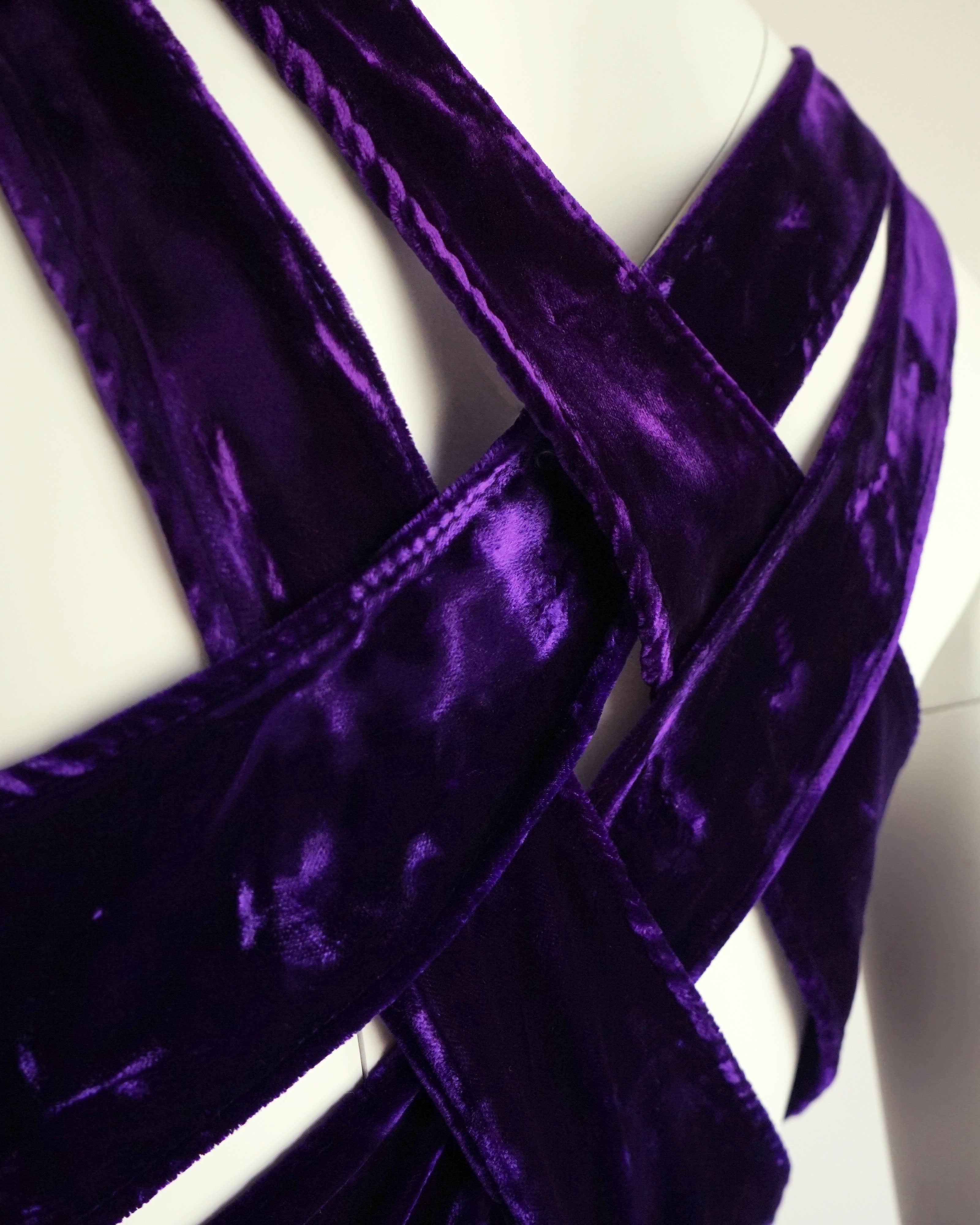 90s Royal Violet Velvet Criss Cross Back Cocktail Dress