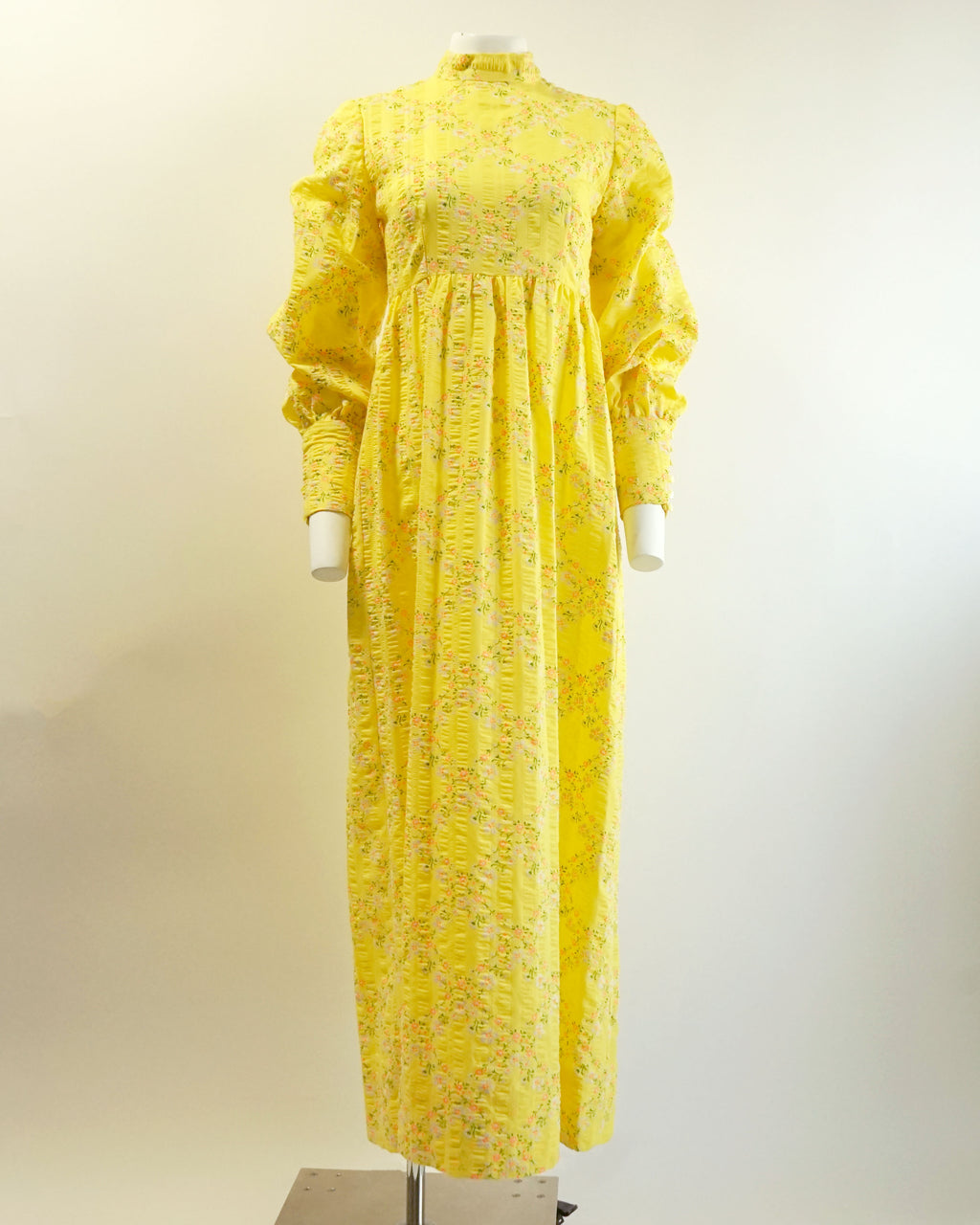 70s Seersucker Bright Yellow Micro Floral Print Maxi with Bishop Sleeves