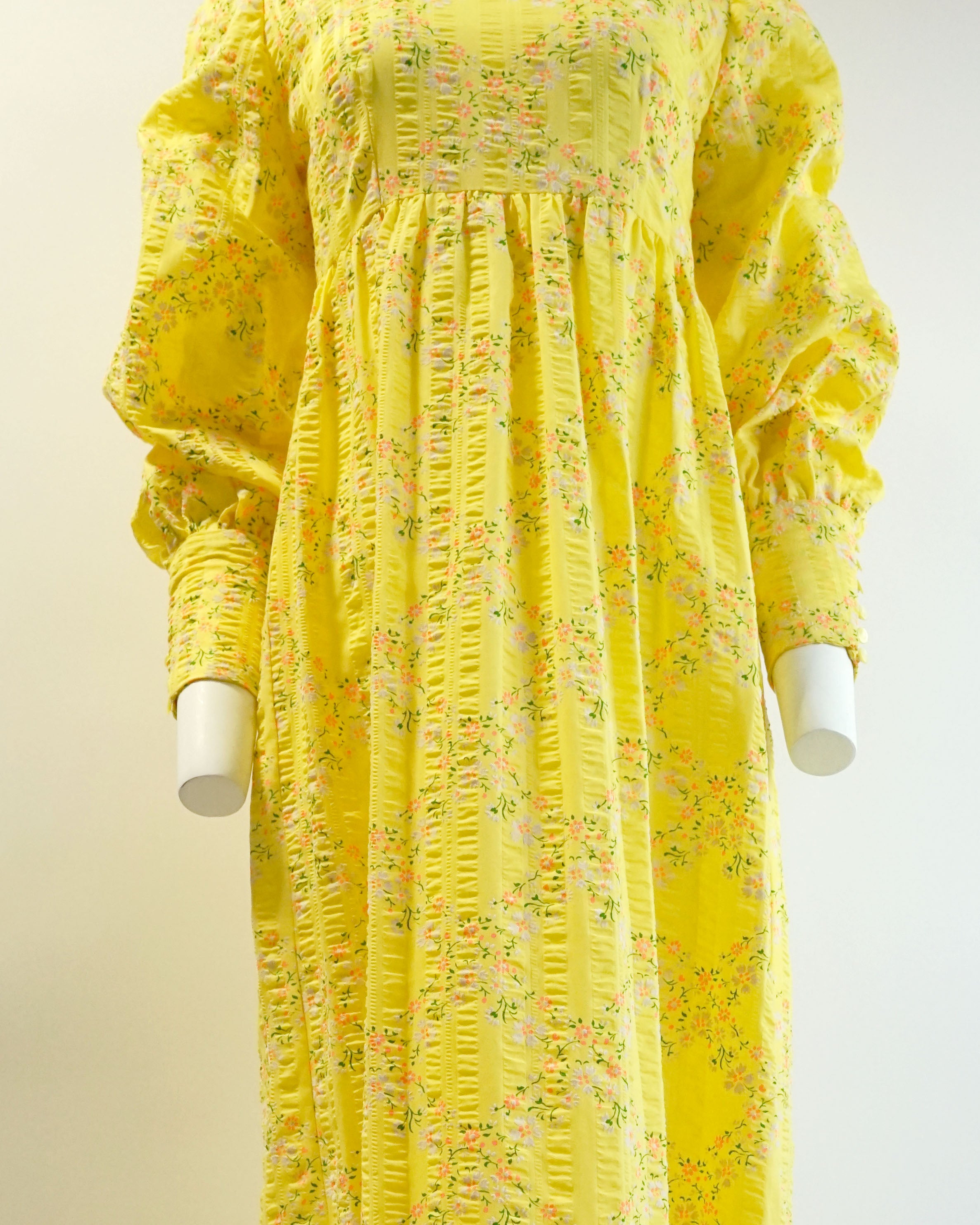 70s Seersucker Bright Yellow Micro Floral Print Maxi with Bishop Sleeves