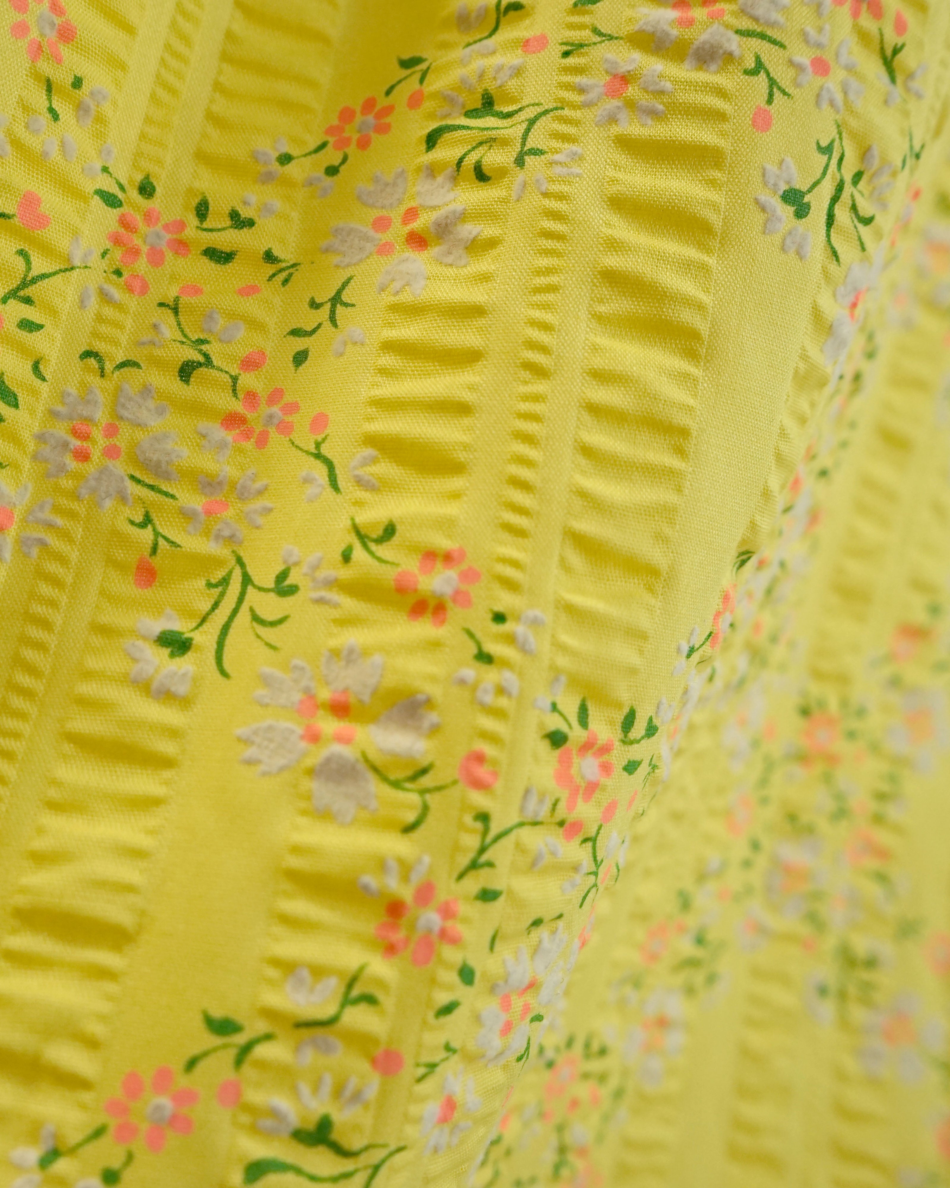 70s Seersucker Bright Yellow Micro Floral Print Maxi with Bishop Sleeves