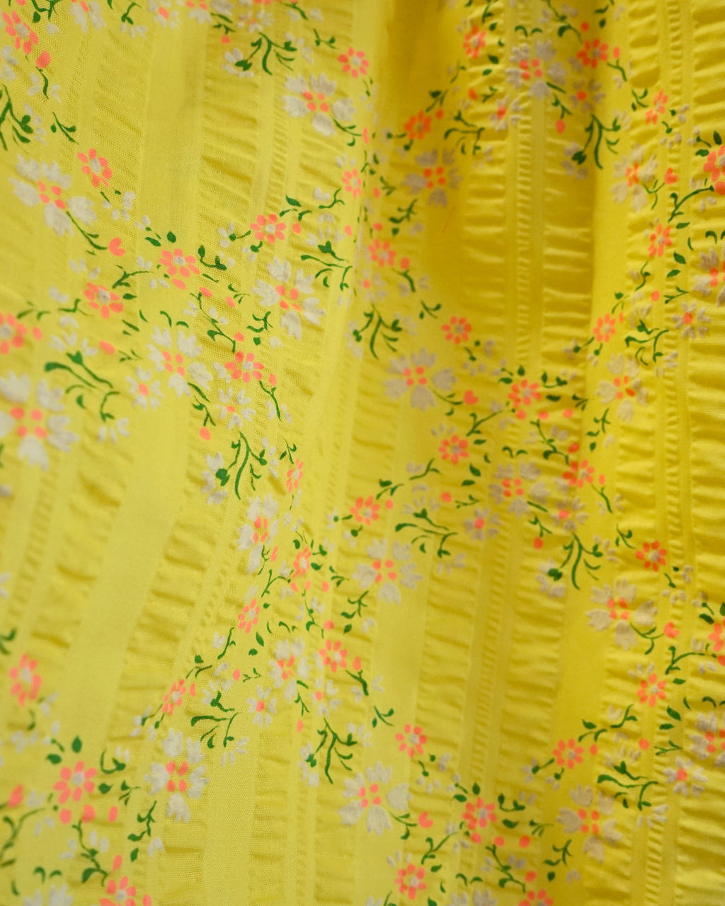 70s Seersucker Bright Yellow Micro Floral Print Maxi with Bishop Sleeves