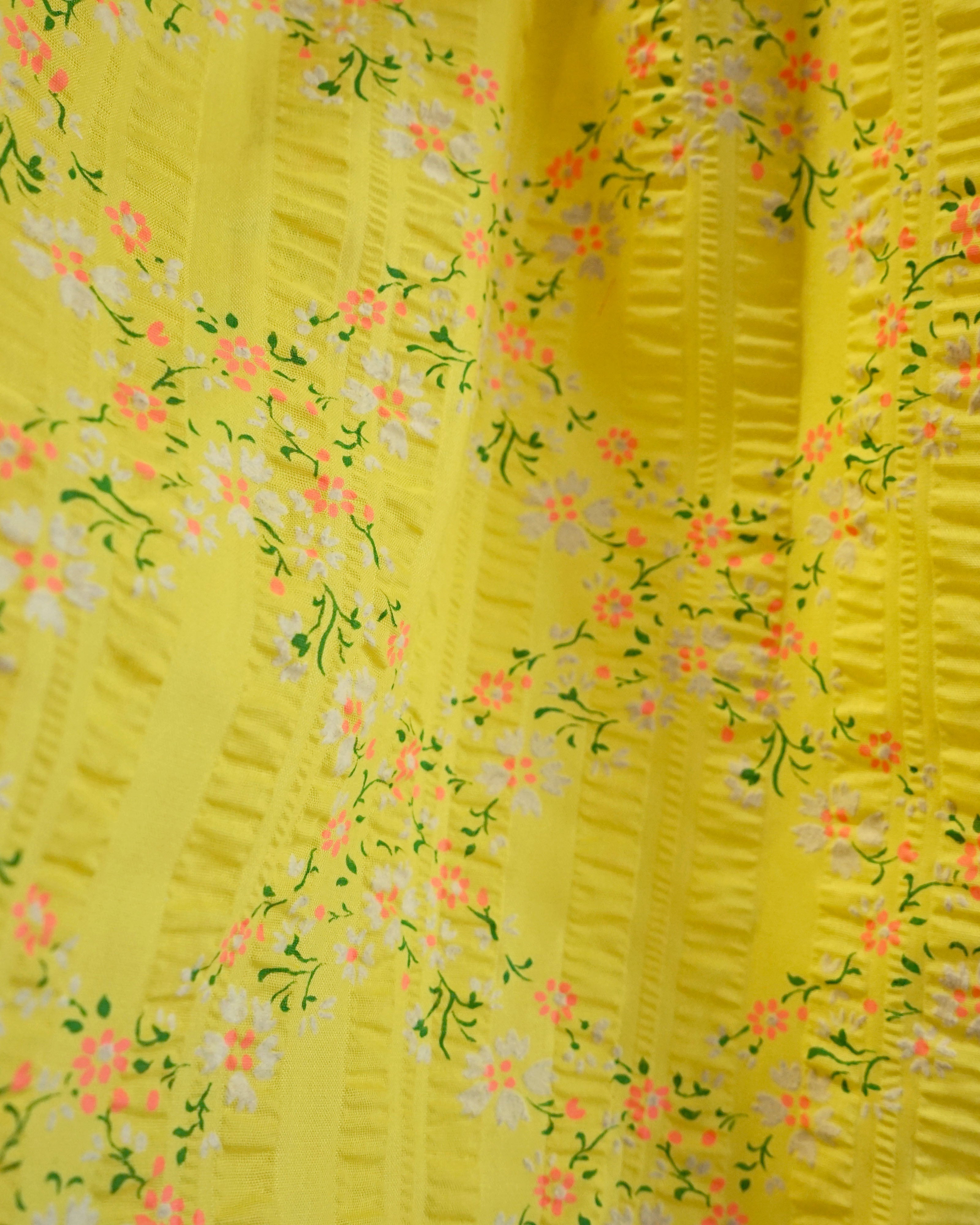 70s Seersucker Bright Yellow Micro Floral Print Maxi with Bishop Sleeves