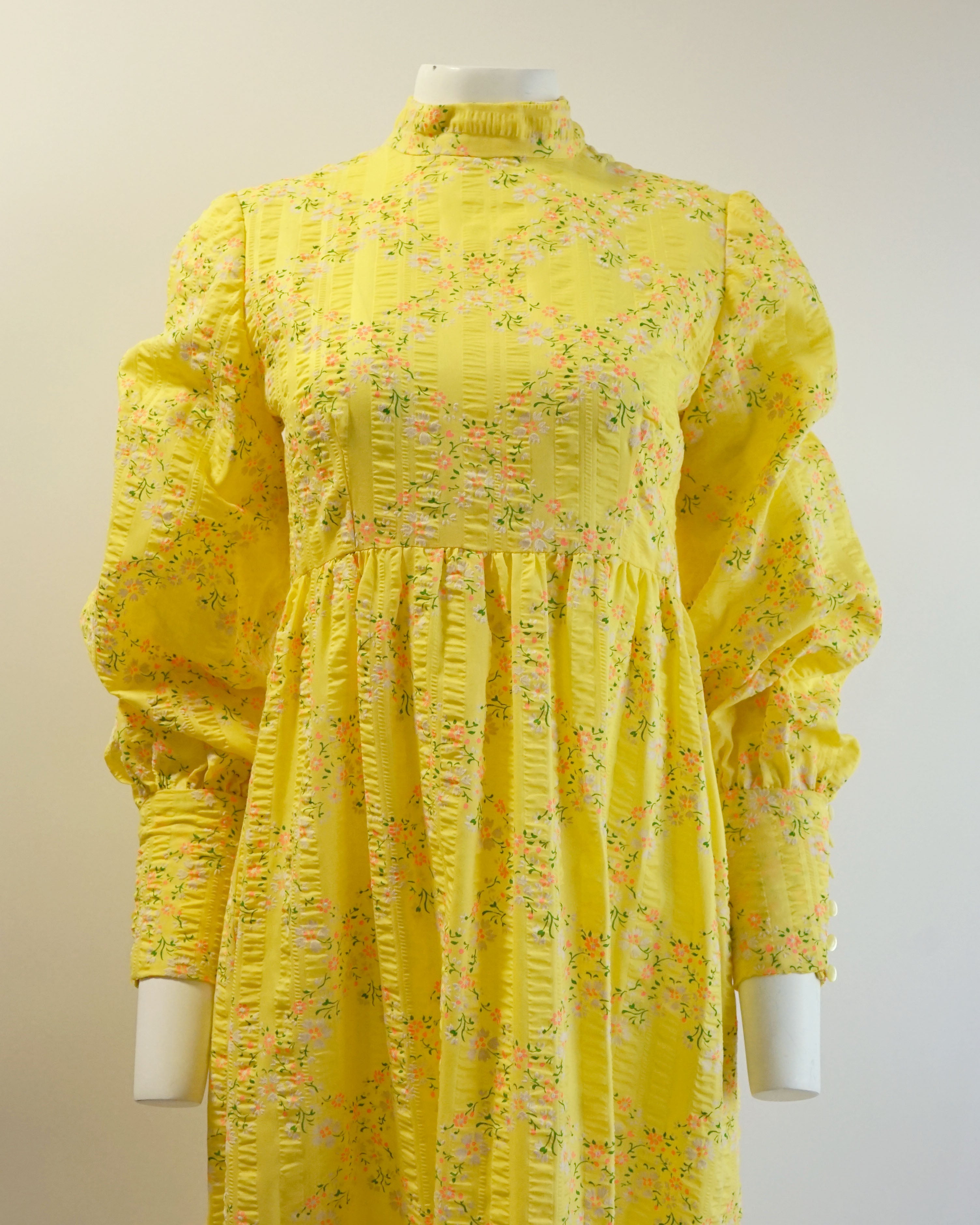 70s Seersucker Bright Yellow Micro Floral Print Maxi with Bishop Sleeves