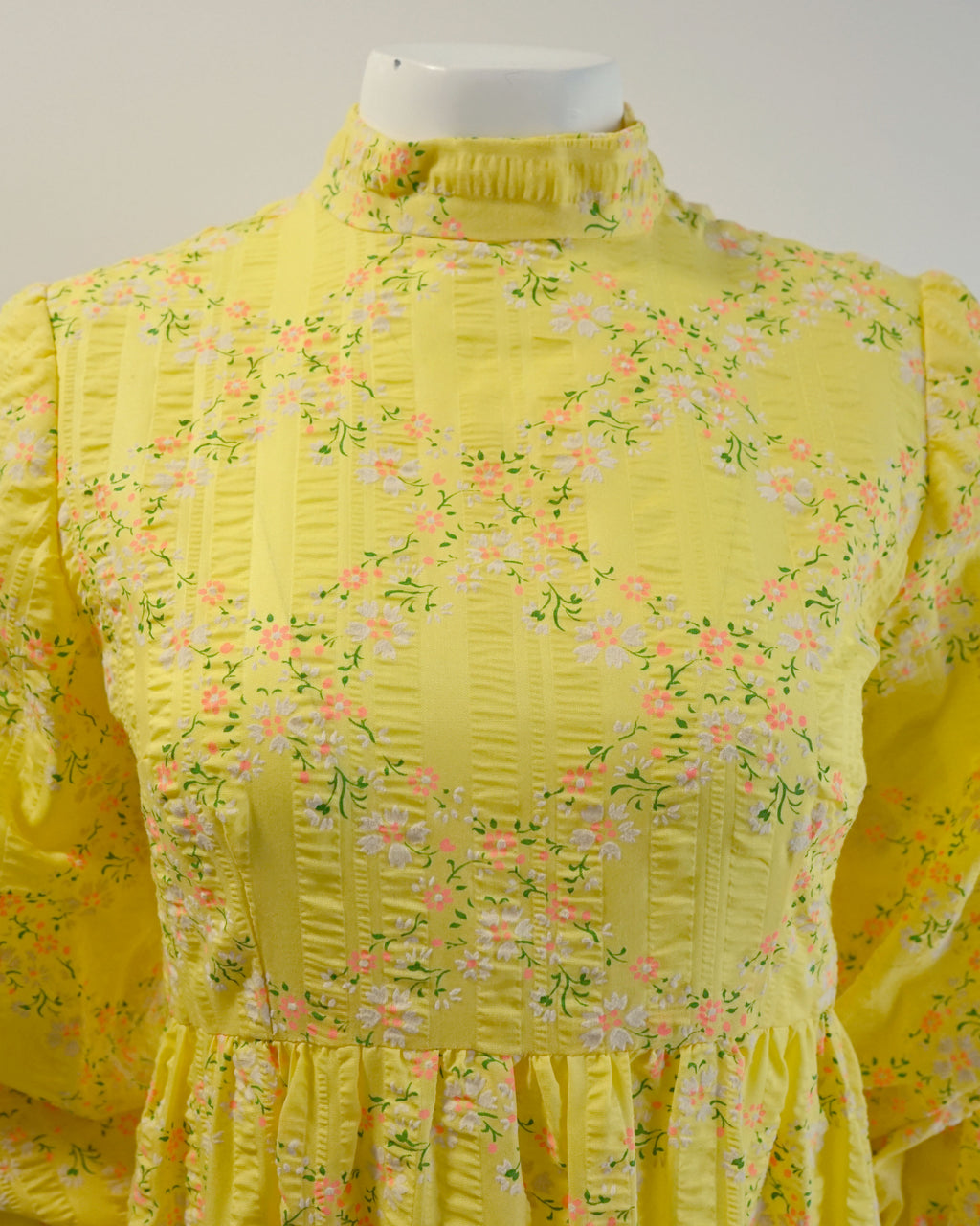 70s Seersucker Bright Yellow Micro Floral Print Maxi with Bishop Sleeves