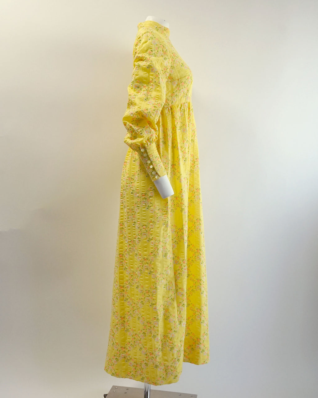 70s Seersucker Bright Yellow Micro Floral Print Maxi with Bishop Sleeves