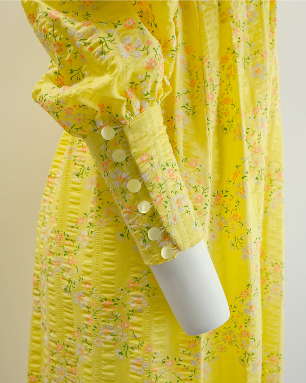 70s Seersucker Bright Yellow Micro Floral Print Maxi with Bishop Sleeves