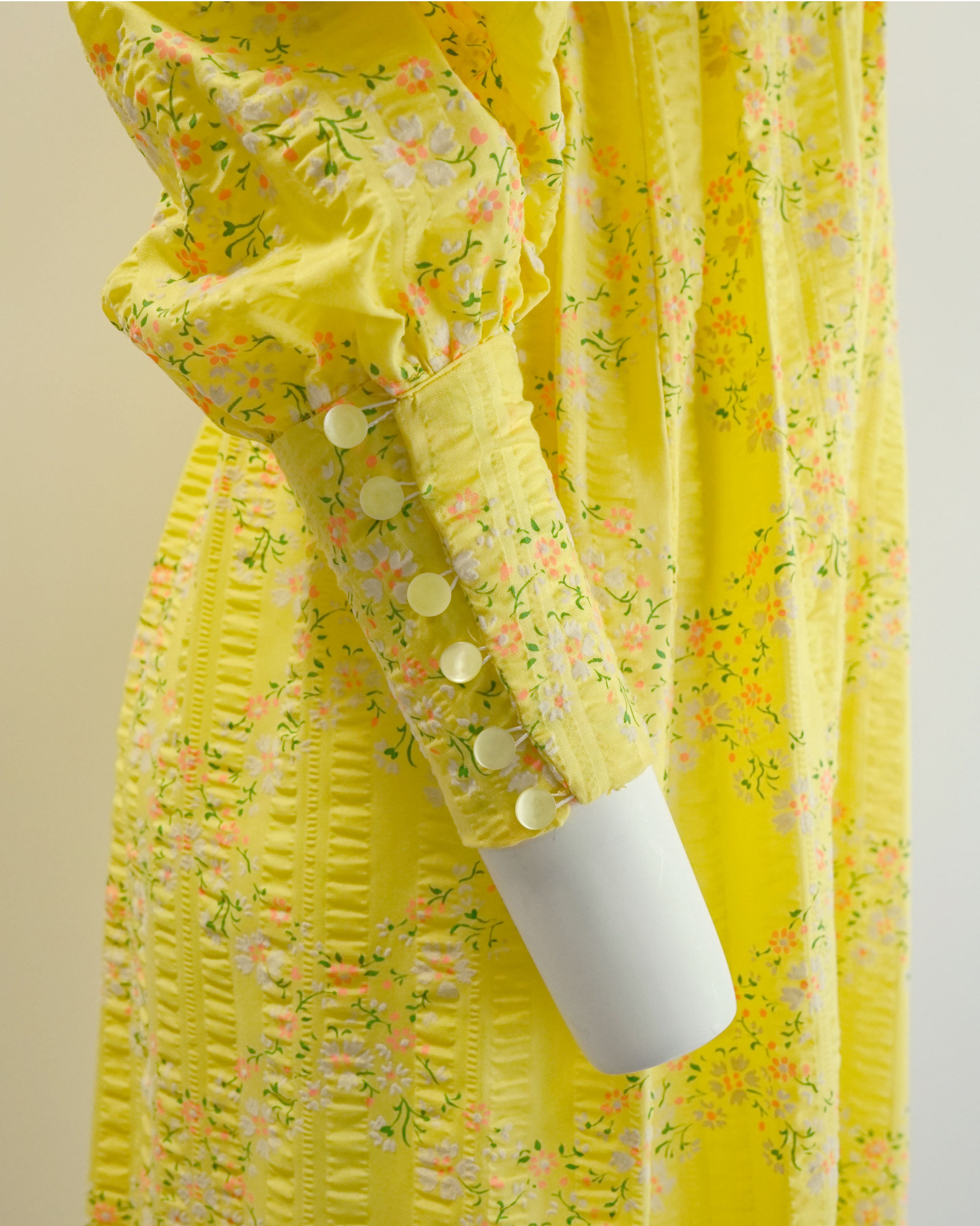 70s Seersucker Bright Yellow Micro Floral Print Maxi with Bishop Sleeves