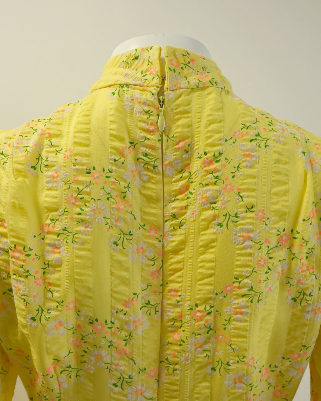 70s Seersucker Bright Yellow Micro Floral Print Maxi with Bishop Sleeves