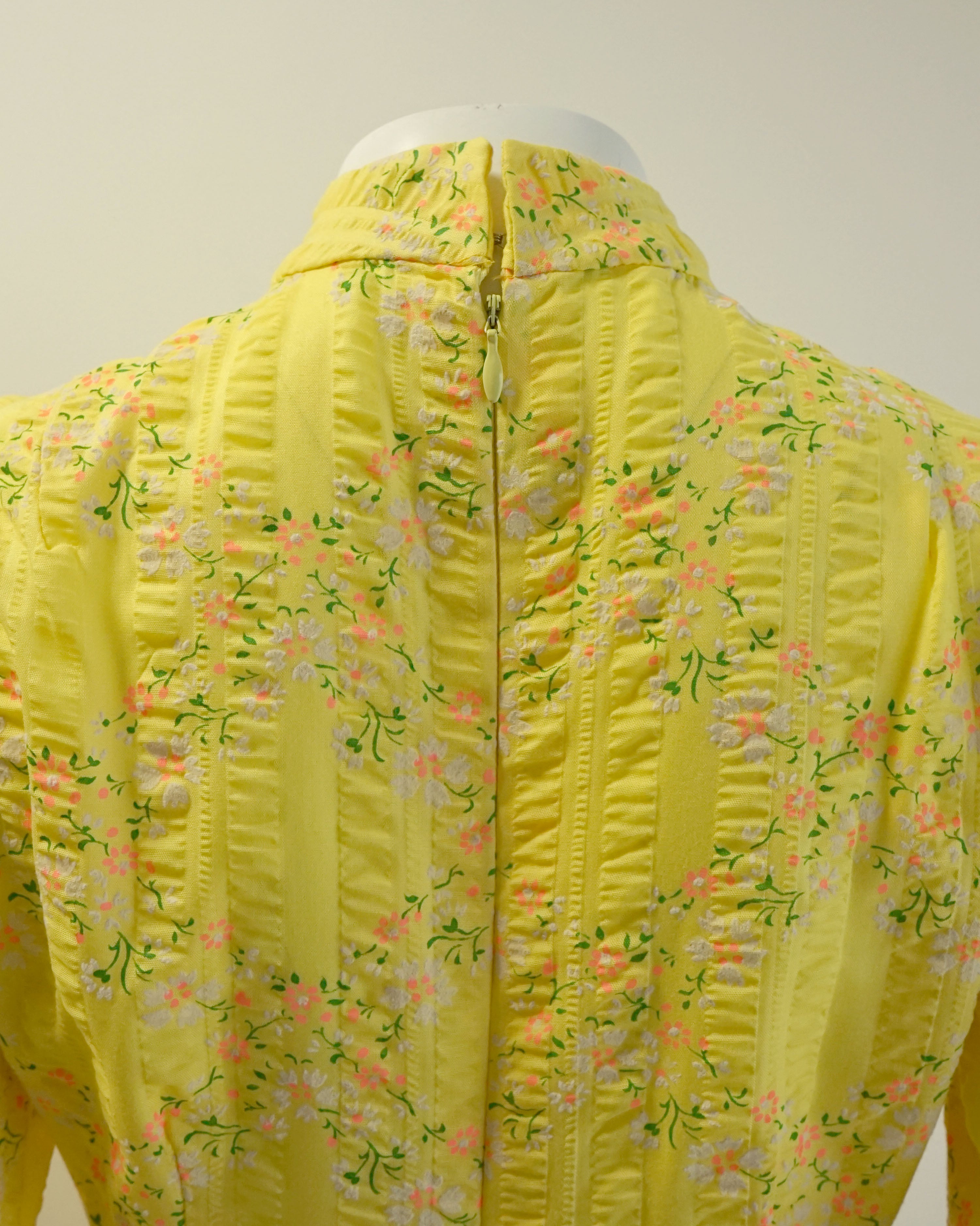 70s Seersucker Bright Yellow Micro Floral Print Maxi with Bishop Sleeves