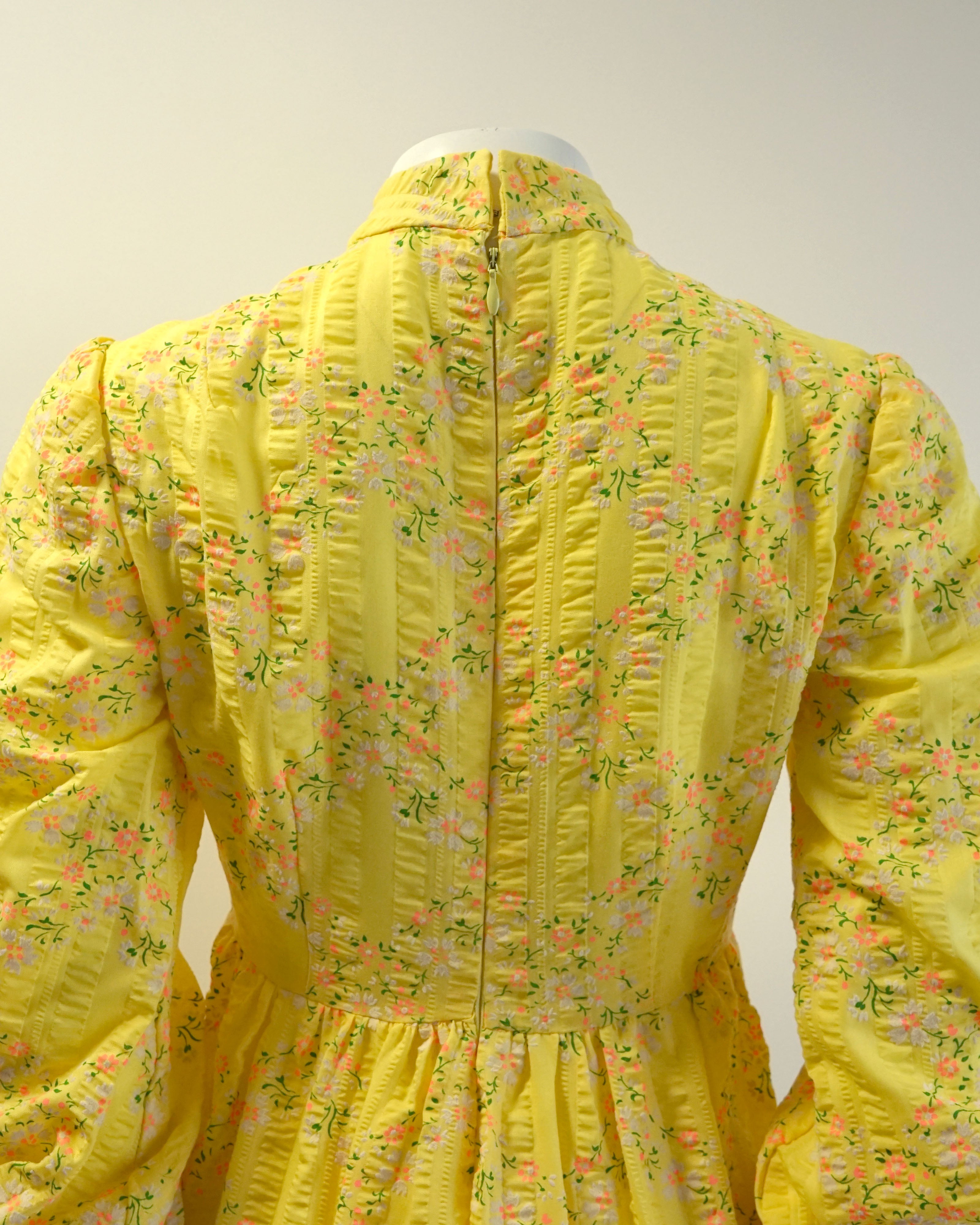 70s Seersucker Bright Yellow Micro Floral Print Maxi with Bishop Sleeves