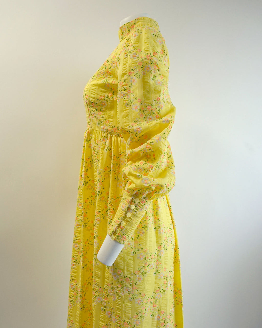 70s Seersucker Bright Yellow Micro Floral Print Maxi with Bishop Sleeves