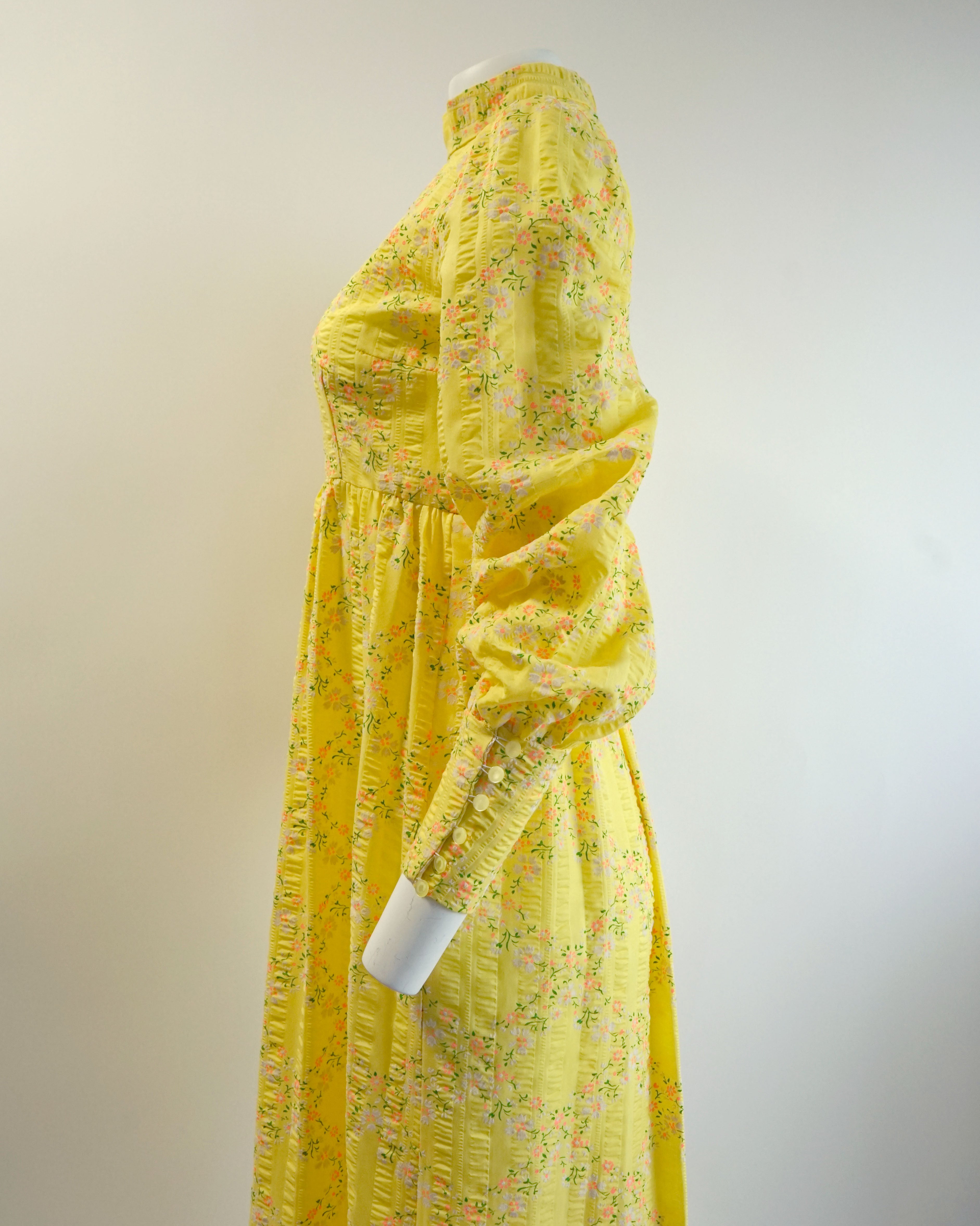 70s Seersucker Bright Yellow Micro Floral Print Maxi with Bishop Sleeves