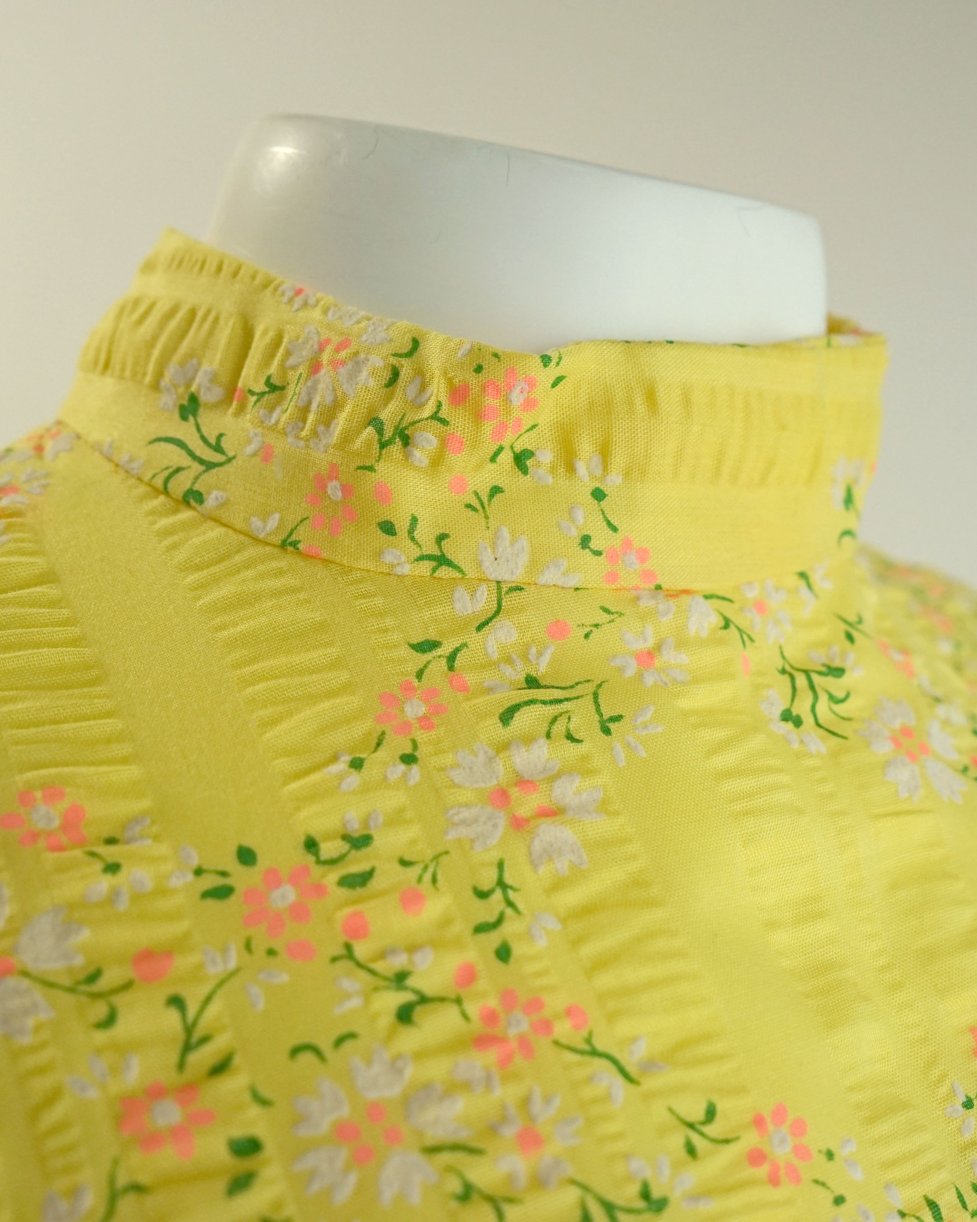 70s Seersucker Bright Yellow Micro Floral Print Maxi with Bishop Sleeves