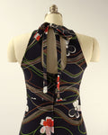 70s Floral Print Black Halter Maxi Dress