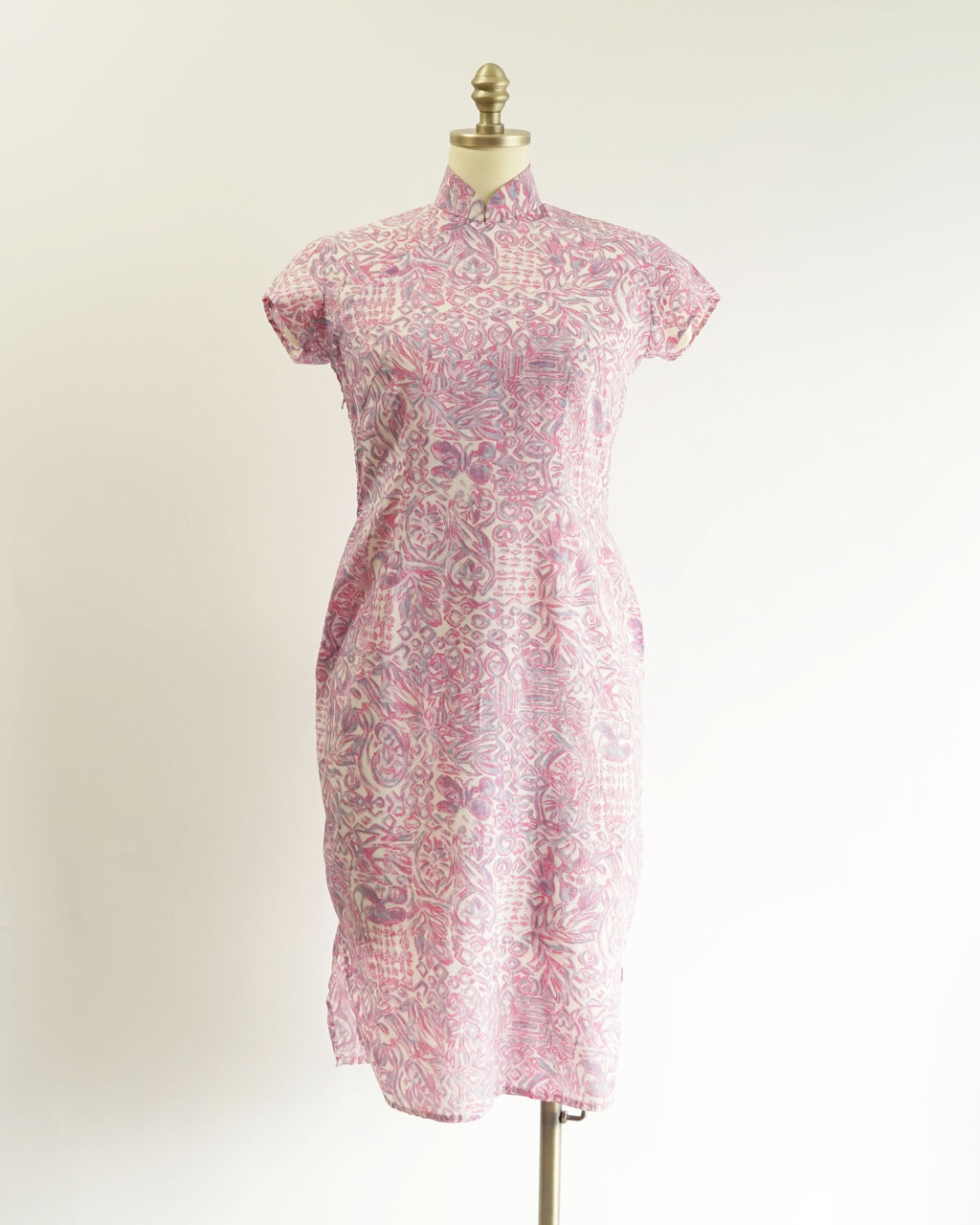 60s Maximalist Sheer Pink Novelty Print Silk Cheongsam