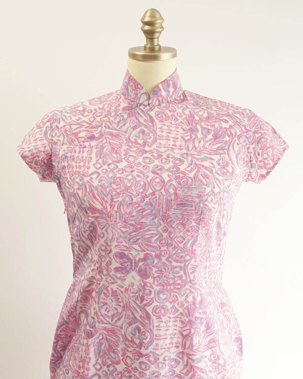 60s Maximalist Sheer Pink Novelty Print Silk Cheongsam
