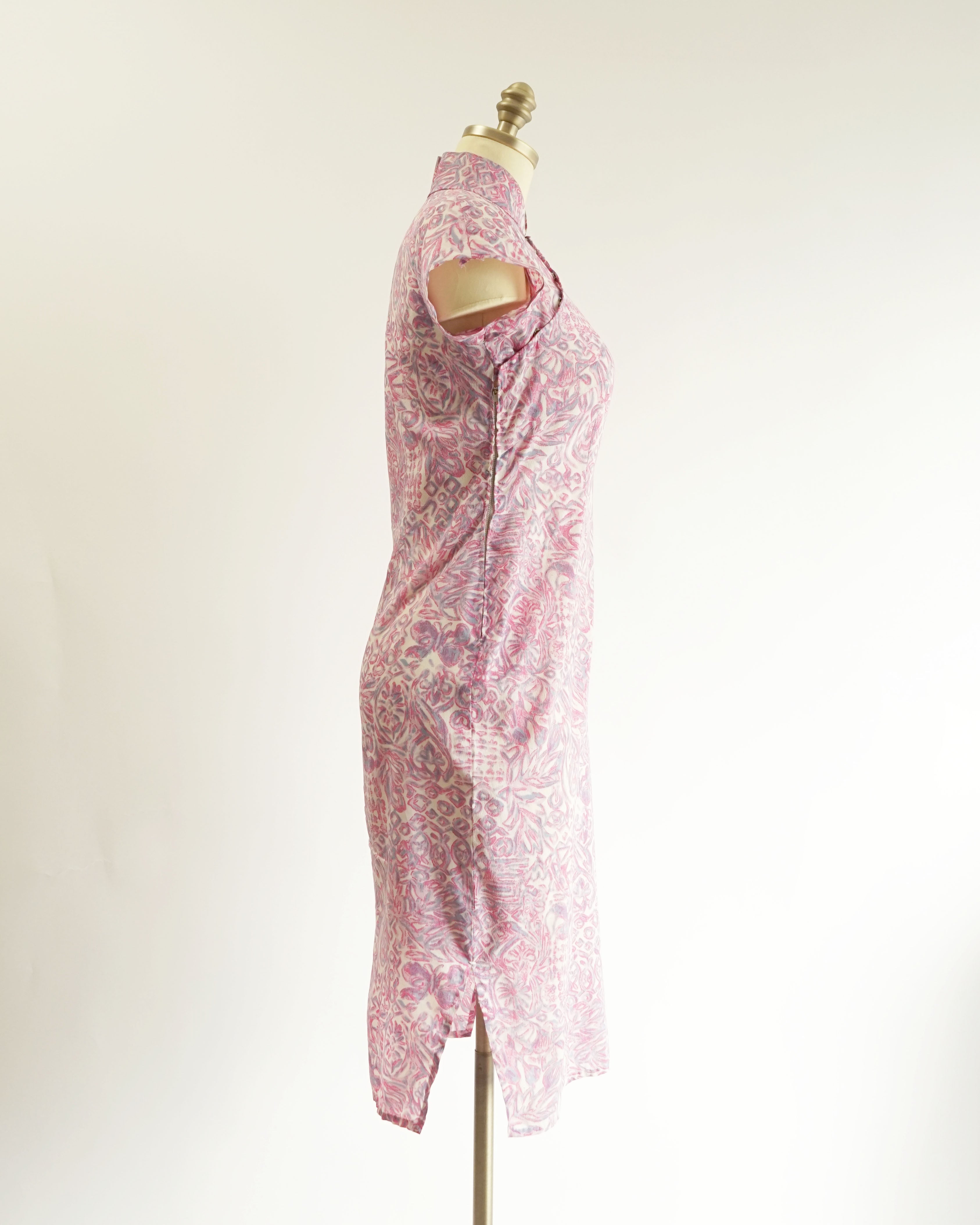 60s Maximalist Sheer Pink Novelty Print Silk Cheongsam