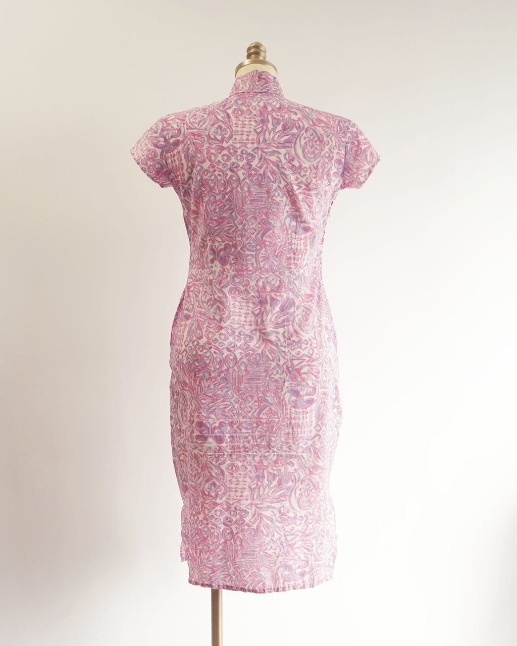 60s Maximalist Sheer Pink Novelty Print Silk Cheongsam