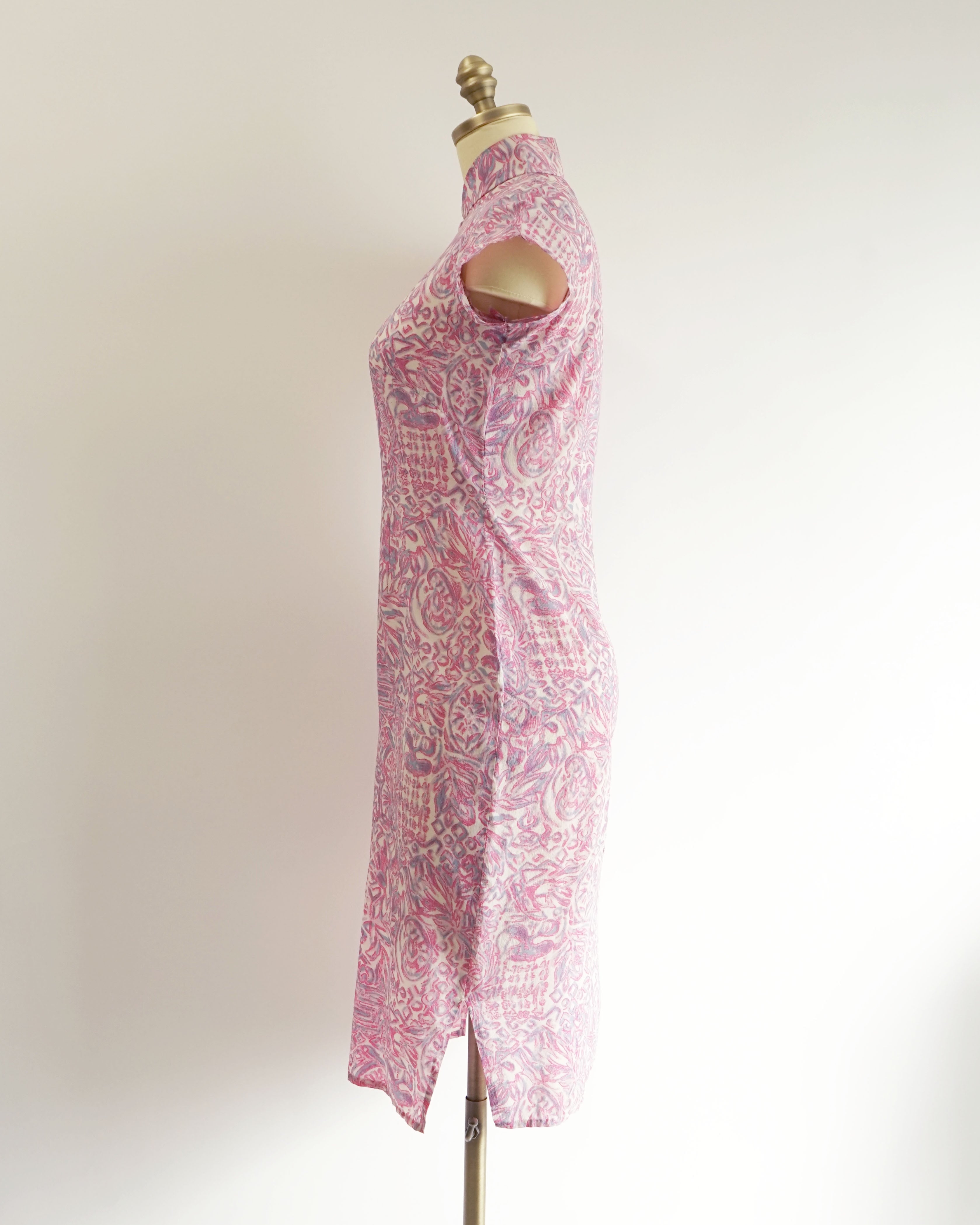 60s Maximalist Sheer Pink Novelty Print Silk Cheongsam