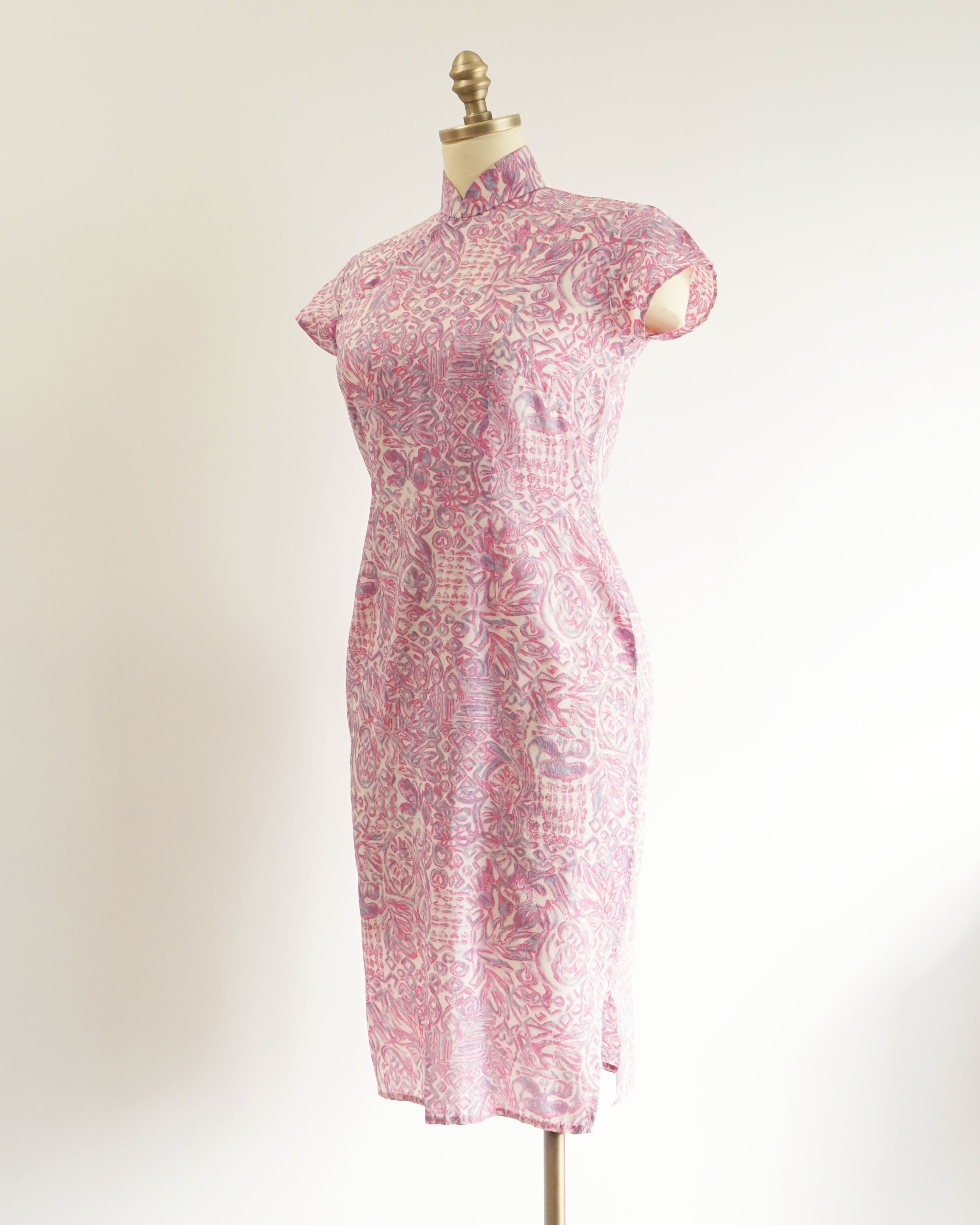 60s Maximalist Sheer Pink Novelty Print Silk Cheongsam
