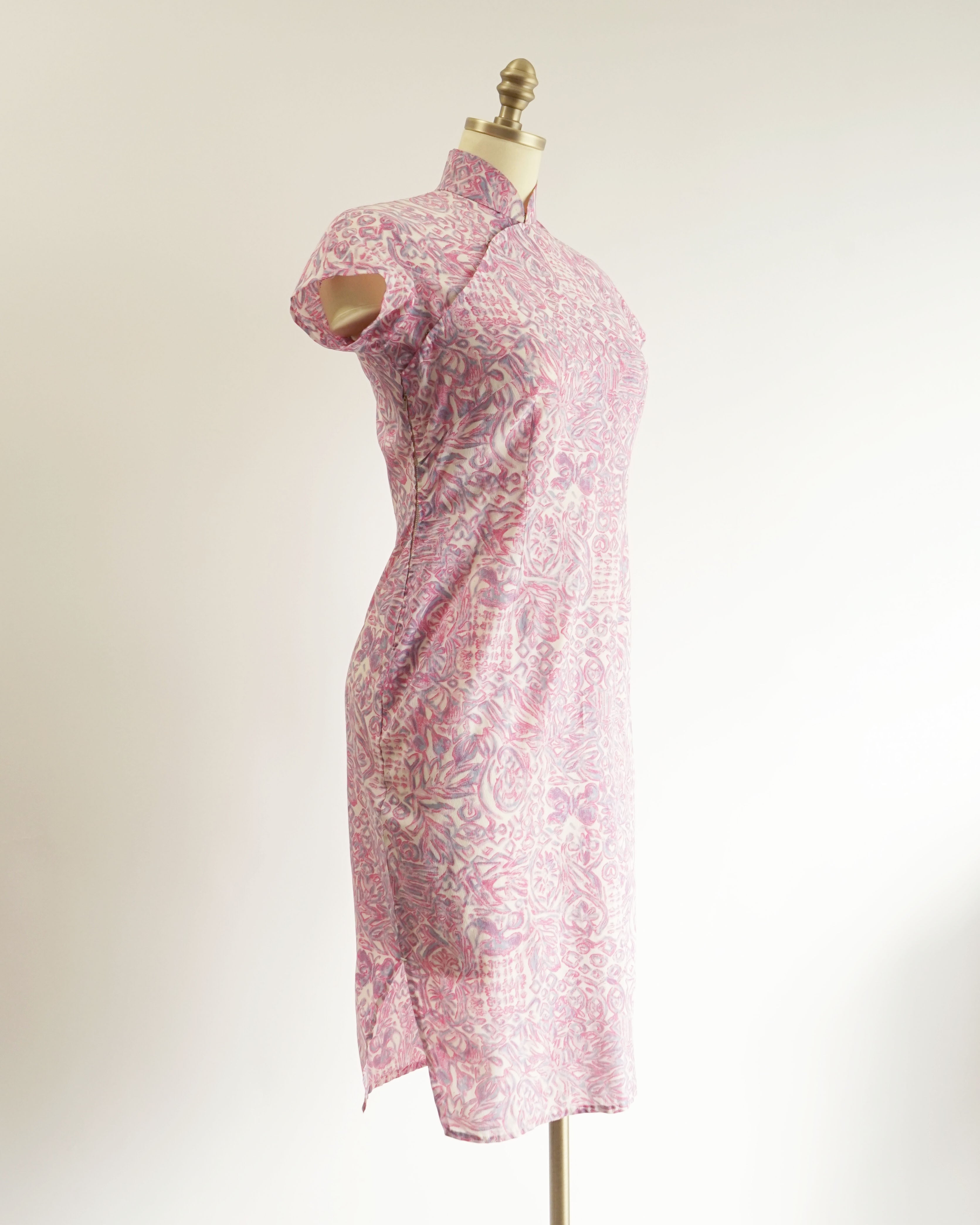 60s Maximalist Sheer Pink Novelty Print Silk Cheongsam