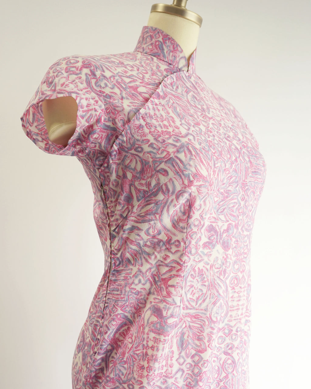60s Maximalist Sheer Pink Novelty Print Silk Cheongsam