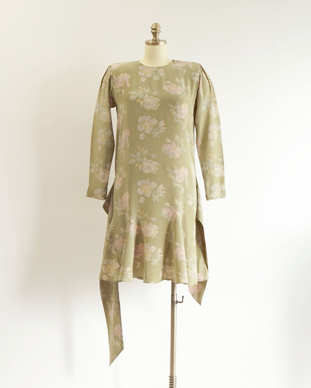 80s Olive Floral Pattern Silk Drop Waist Tie Mini Dress