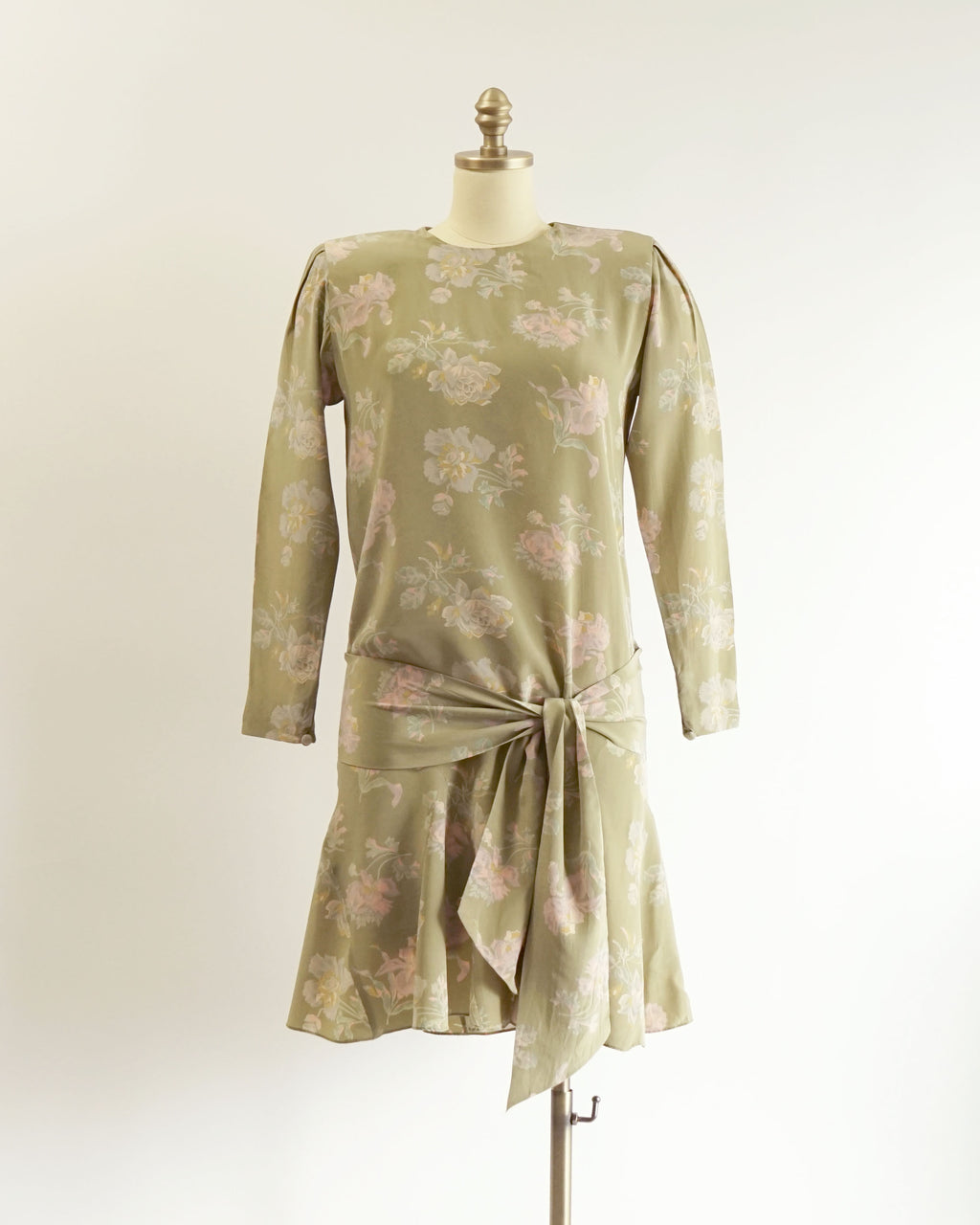 80s Olive Floral Pattern Silk Drop Waist Tie Mini Dress