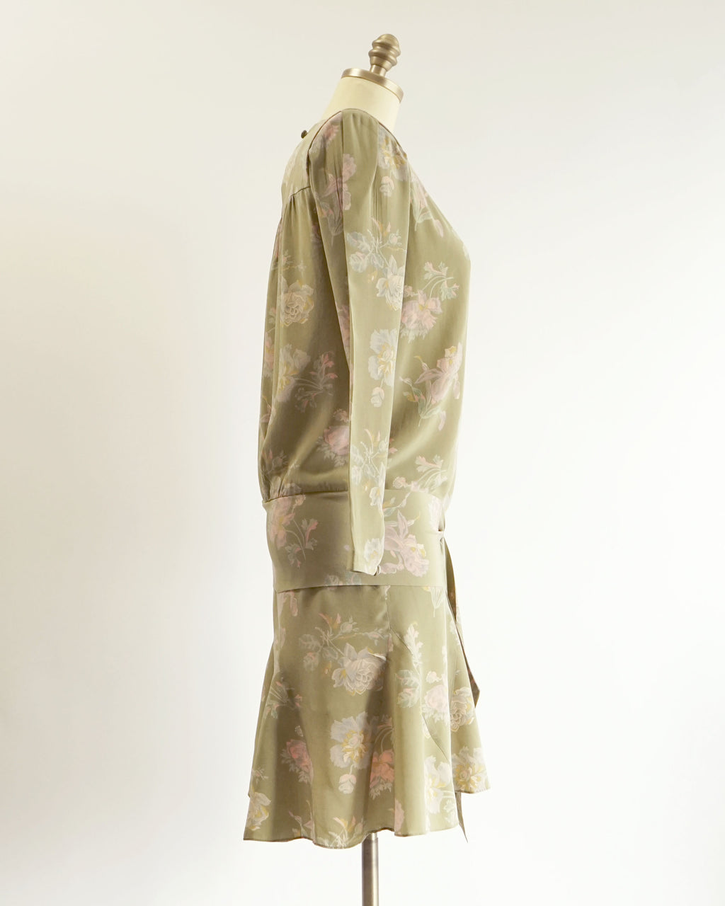 80s Olive Floral Pattern Silk Drop Waist Tie Mini Dress