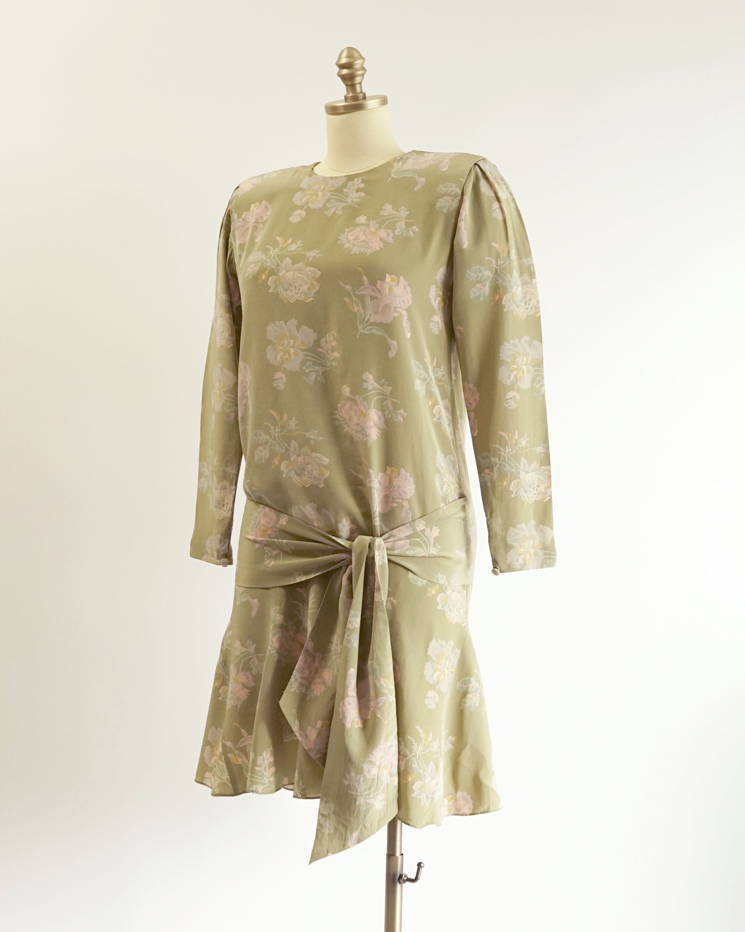 80s Olive Floral Pattern Silk Drop Waist Tie Mini Dress