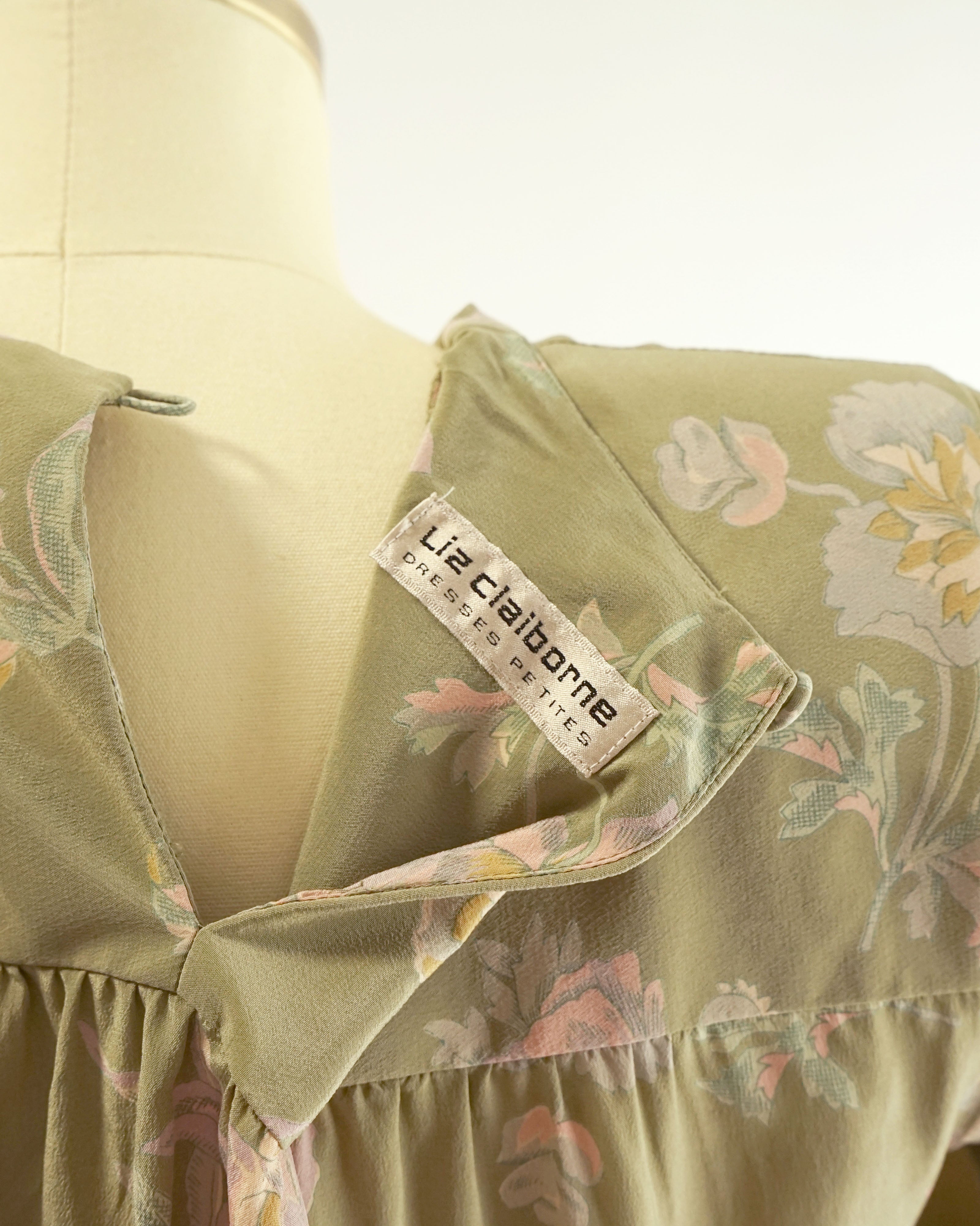 80s Olive Floral Pattern Silk Drop Waist Tie Mini Dress